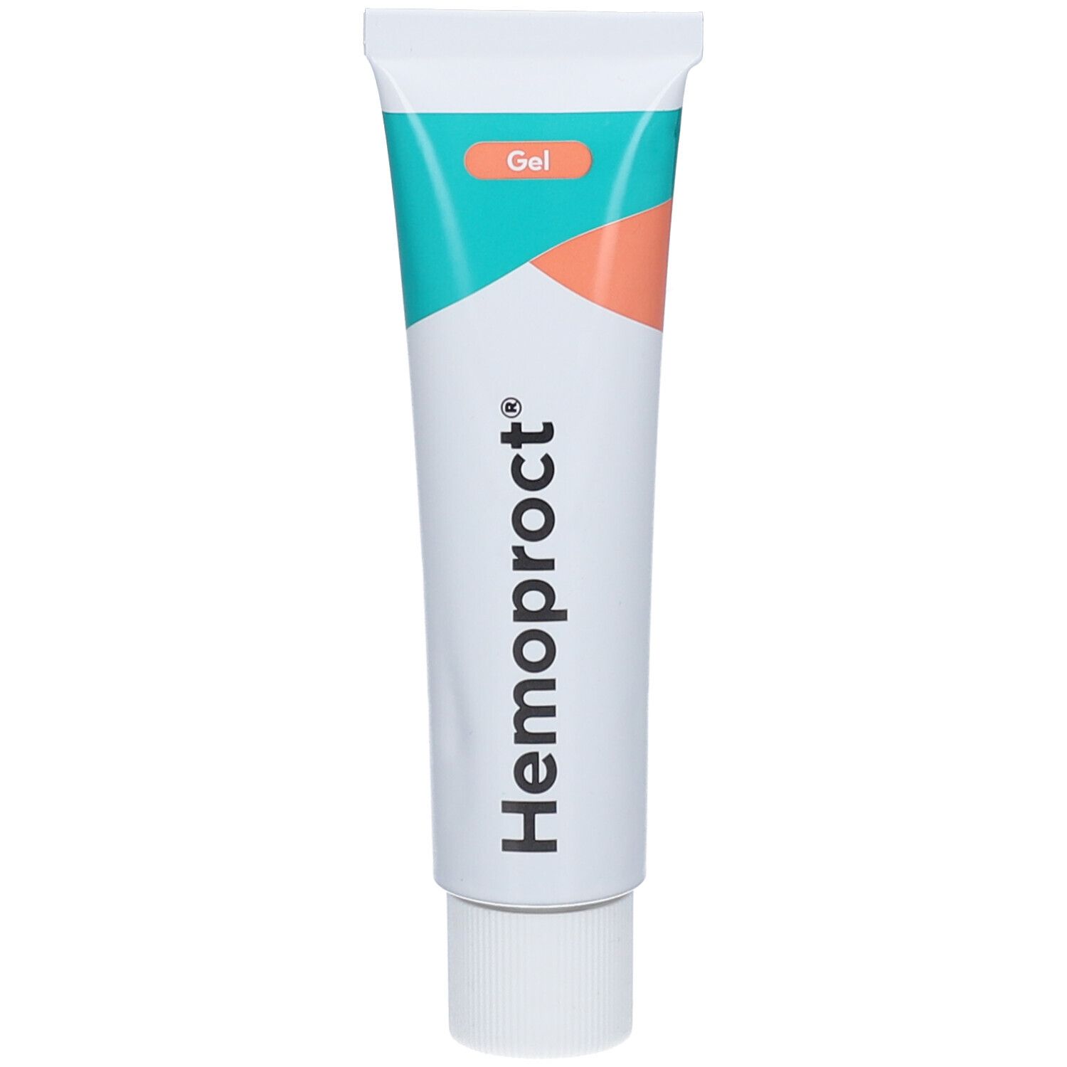 Tube de gel blanc, turquoise et saumon. Inscription : Hemoproct® et Gel.