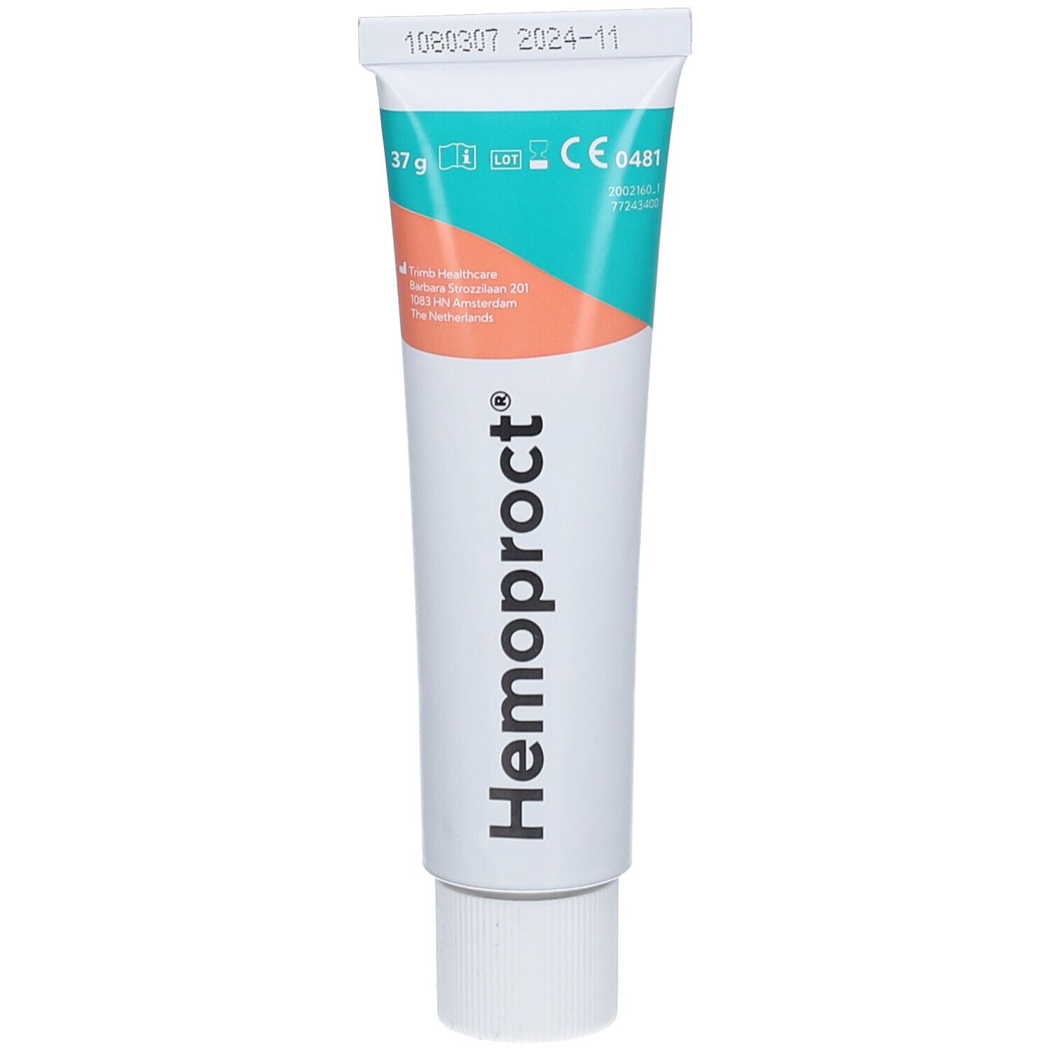 Tube de gel blanc, turquoise et saumon. Inscription : Hemoproct®. Contient 37g. Marquage CE.