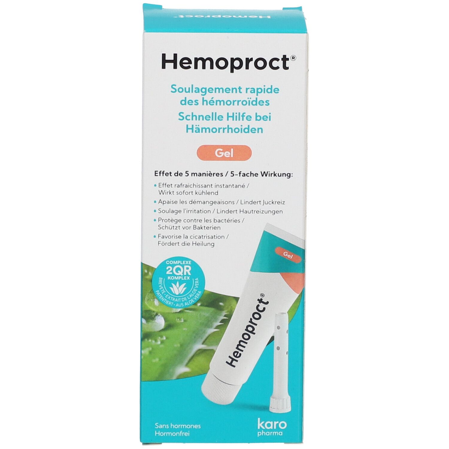 Emballage avec tube. Inscription : Hemoproct®. Gel. Image du tube. Avec 2QR Complex.