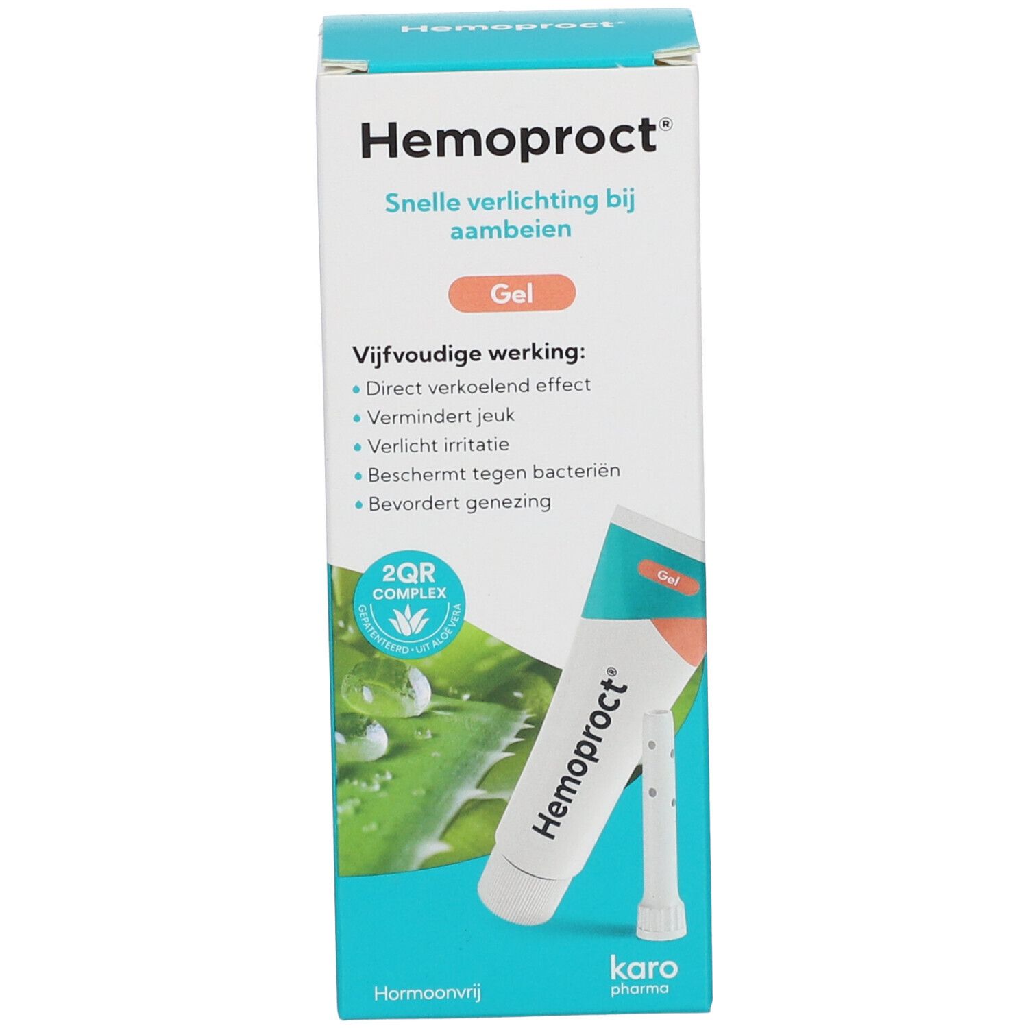 Emballage avec tube. Inscription : Hemoproct®. Gel. Image du tube. Avec 2QR Complex.