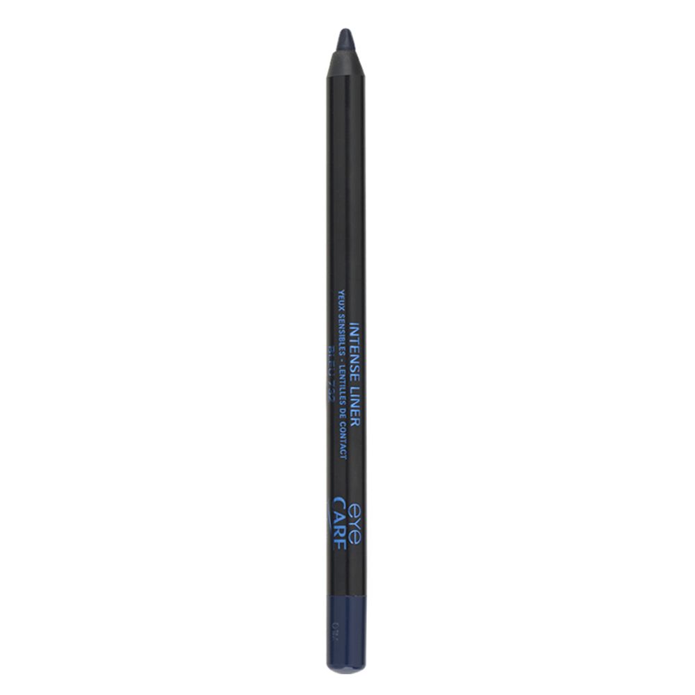 Crayon eye-liner bleu foncé. Inscription : Eye Care Intense Liner. Crayon noir avec pointe bleue.