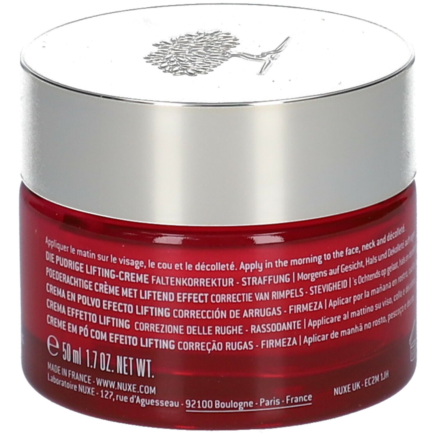 Pot rouge avec couvercle argenté. Inscription : Nuxe, instructions d'utilisation multilingues, 50 ml.