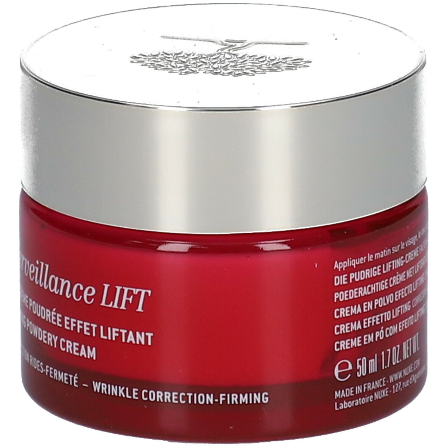 Pot rouge avec couvercle argenté. Inscription : Merveillance Lift, La Crème Poudrée Effet Liftant, Firming Powdery Cream, 50 ml.