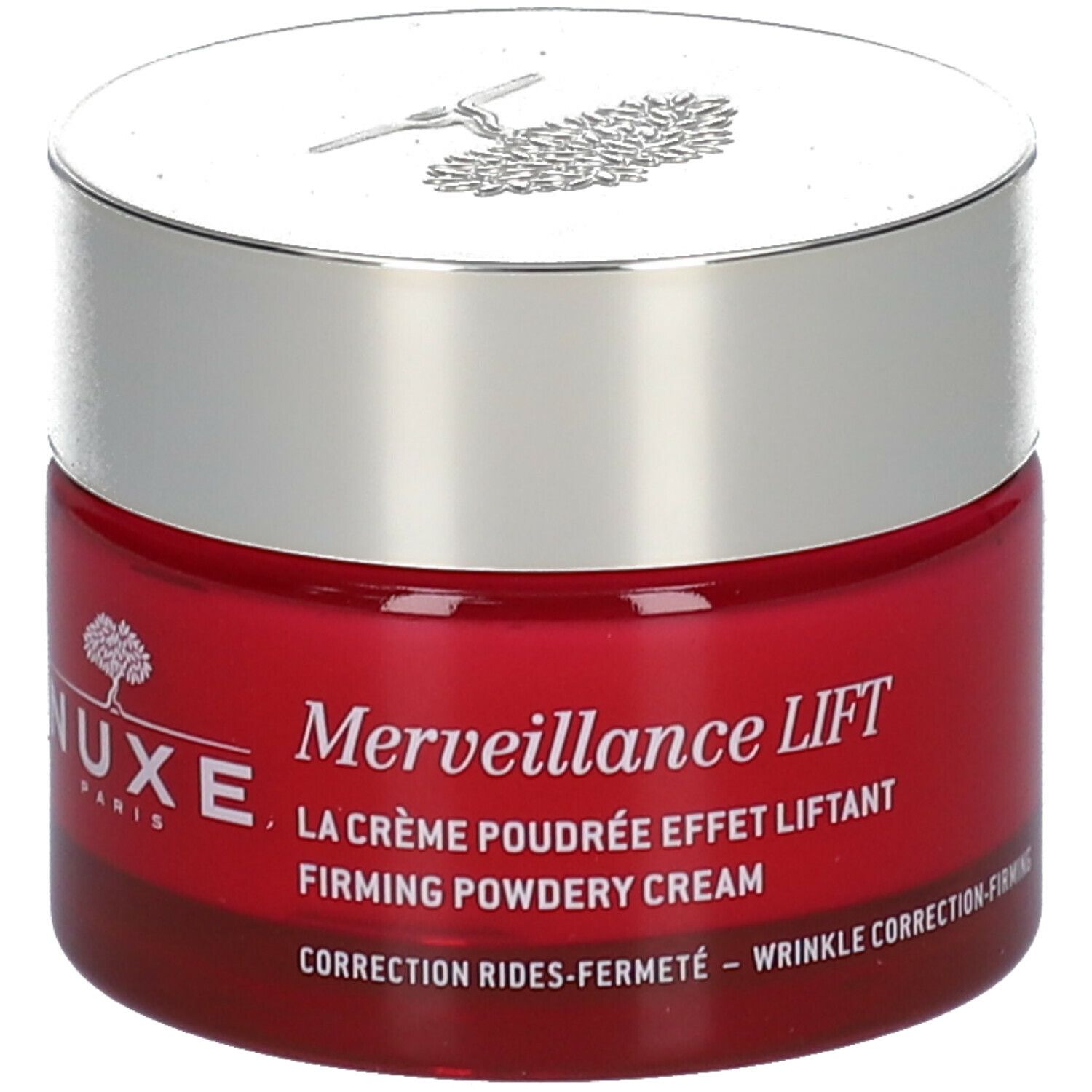 Pot rouge avec couvercle argenté. Inscription : Nuxe Paris, Merveillance Lift, La Crème Poudrée Effet Liftant, Firming Powdery Cream.