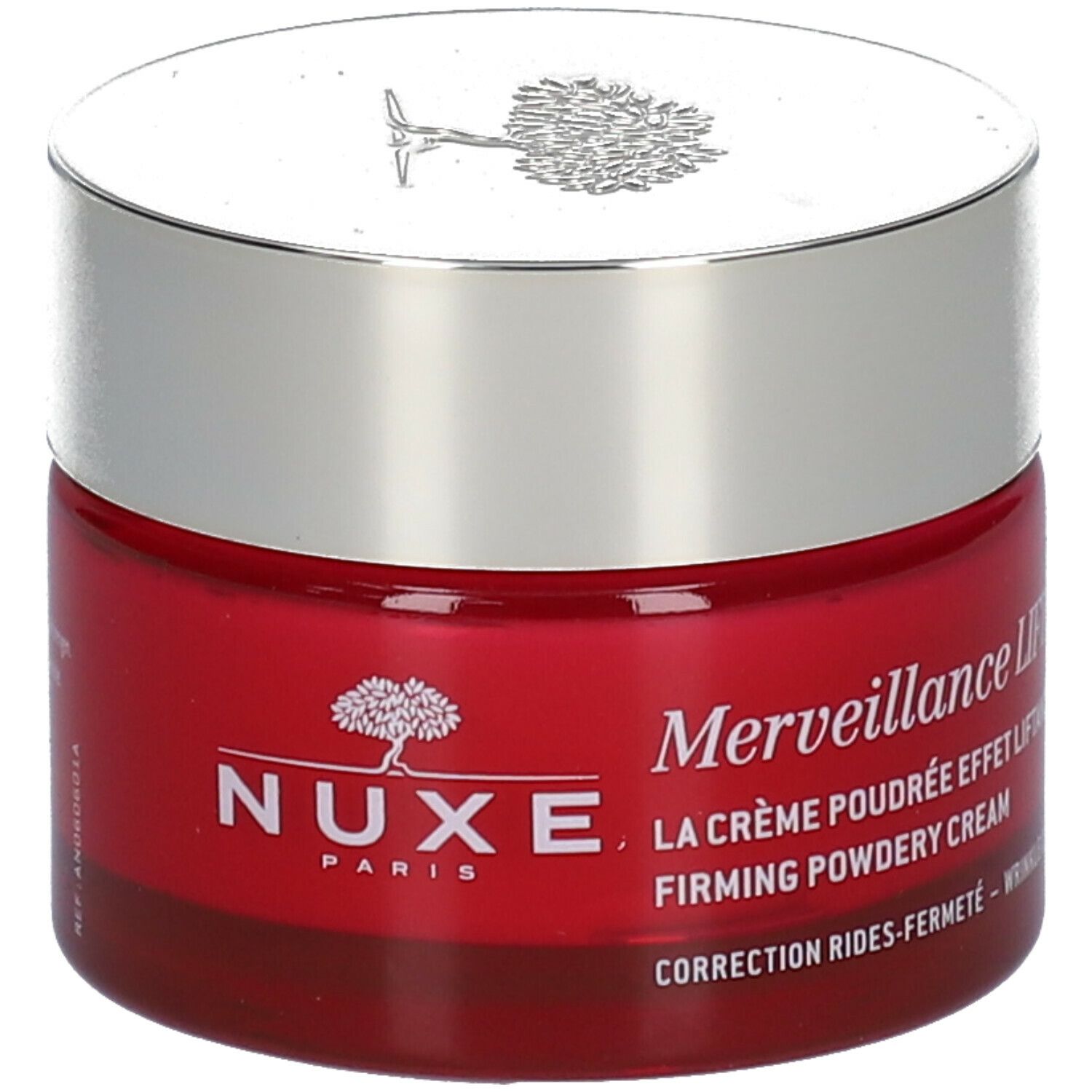 Pot rouge avec couvercle argenté. Inscription : Nuxe Paris, Merveillance Lift, La Crème Poudrée Effet Liftant, Firming Powdery Cream.