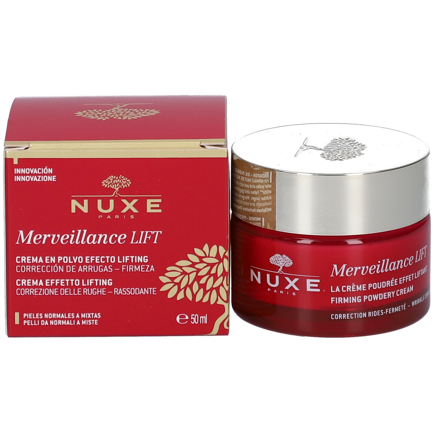 Pot et boîte rouges. Inscription : Nuxe, Merveillance Lift, La Crème Poudrée Effet Liftant, 50 ml. Emballage avec logo.