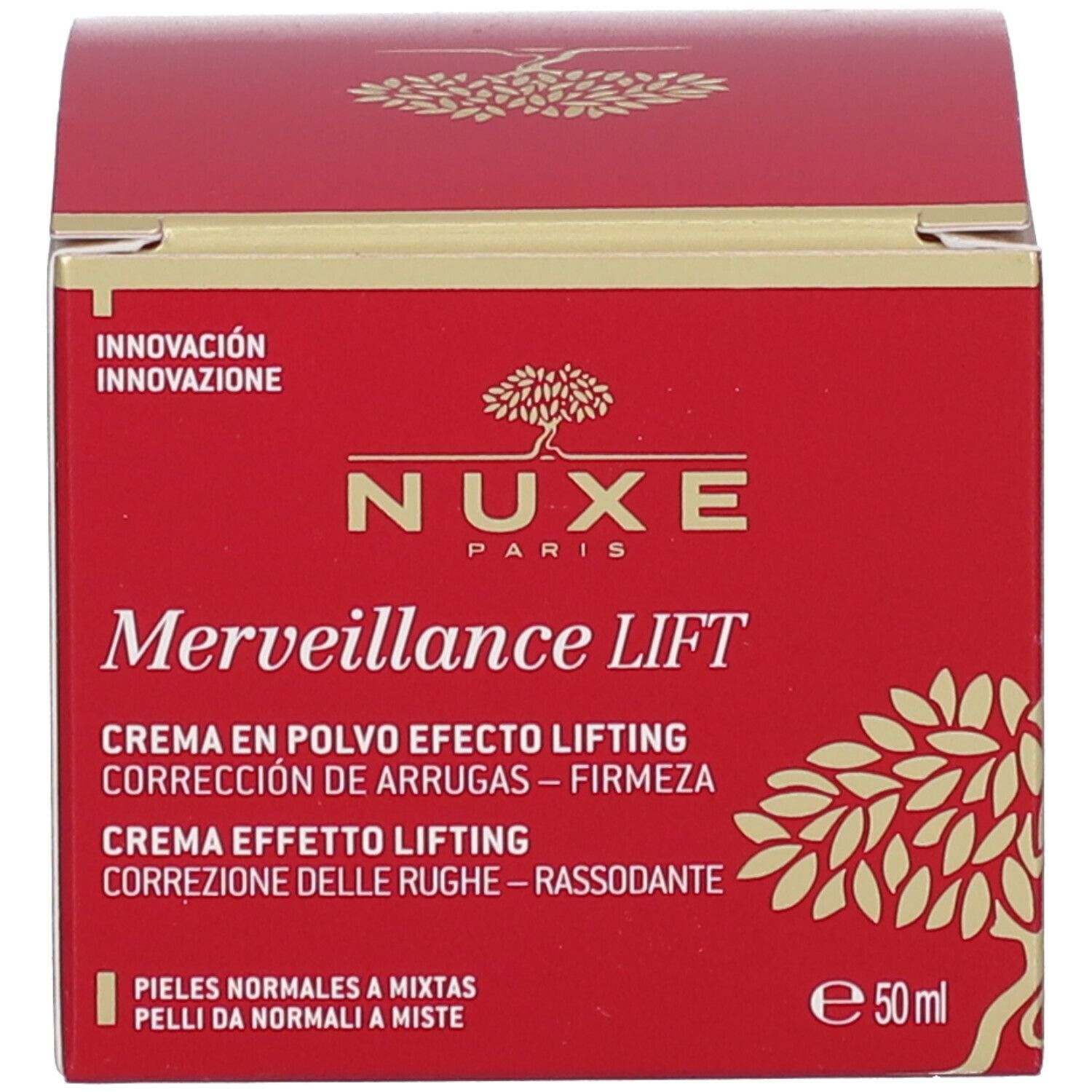 Boîte rouge. Inscription : Nuxe, Merveillance Lift, La Crème Poudrée Effet Liftant, 50 ml. Emballage avec logo.