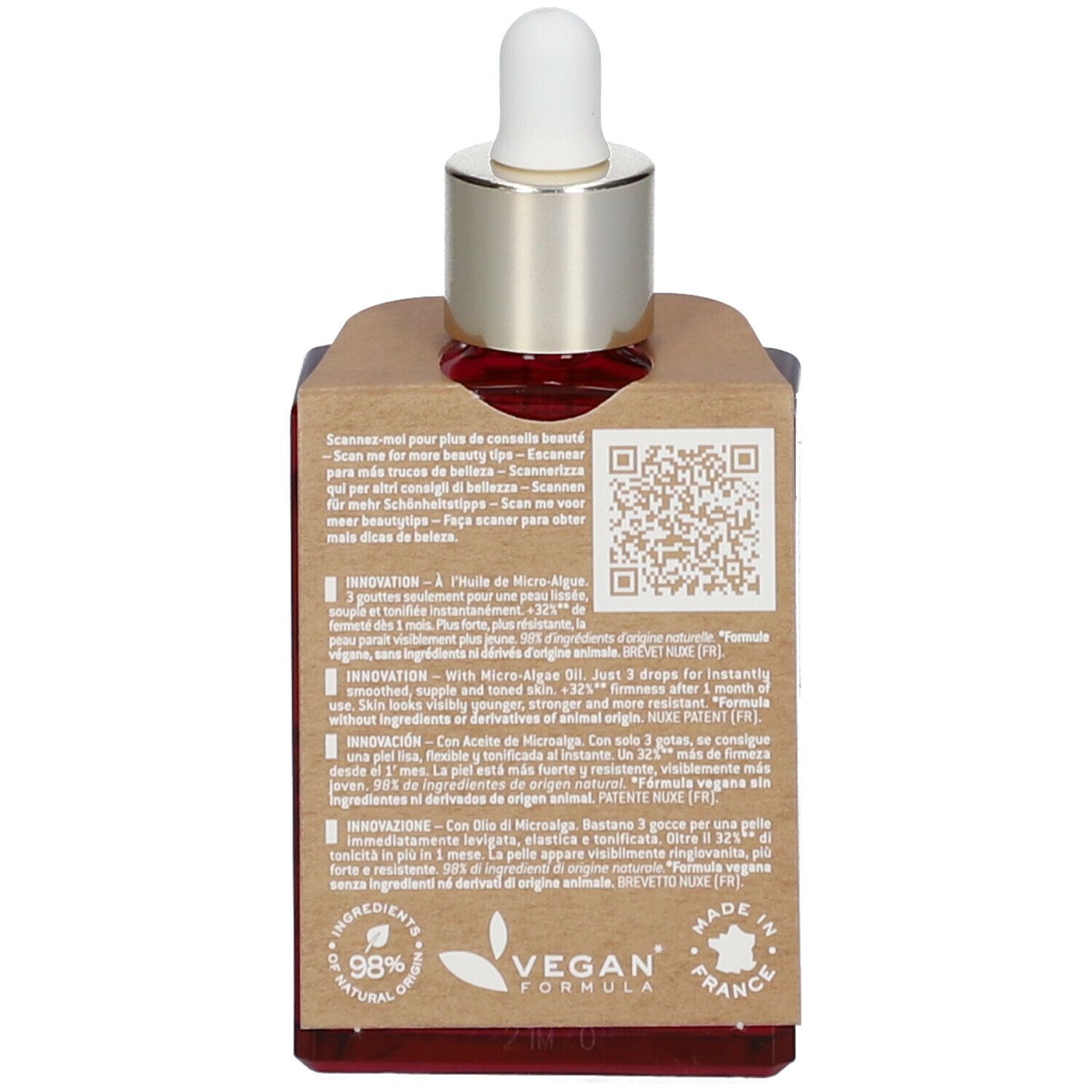 Achterkant van de serumfles met kartonnen verpakking. Tekst en QR-code. Vegan formule. Gemaakt in Frankrijk.