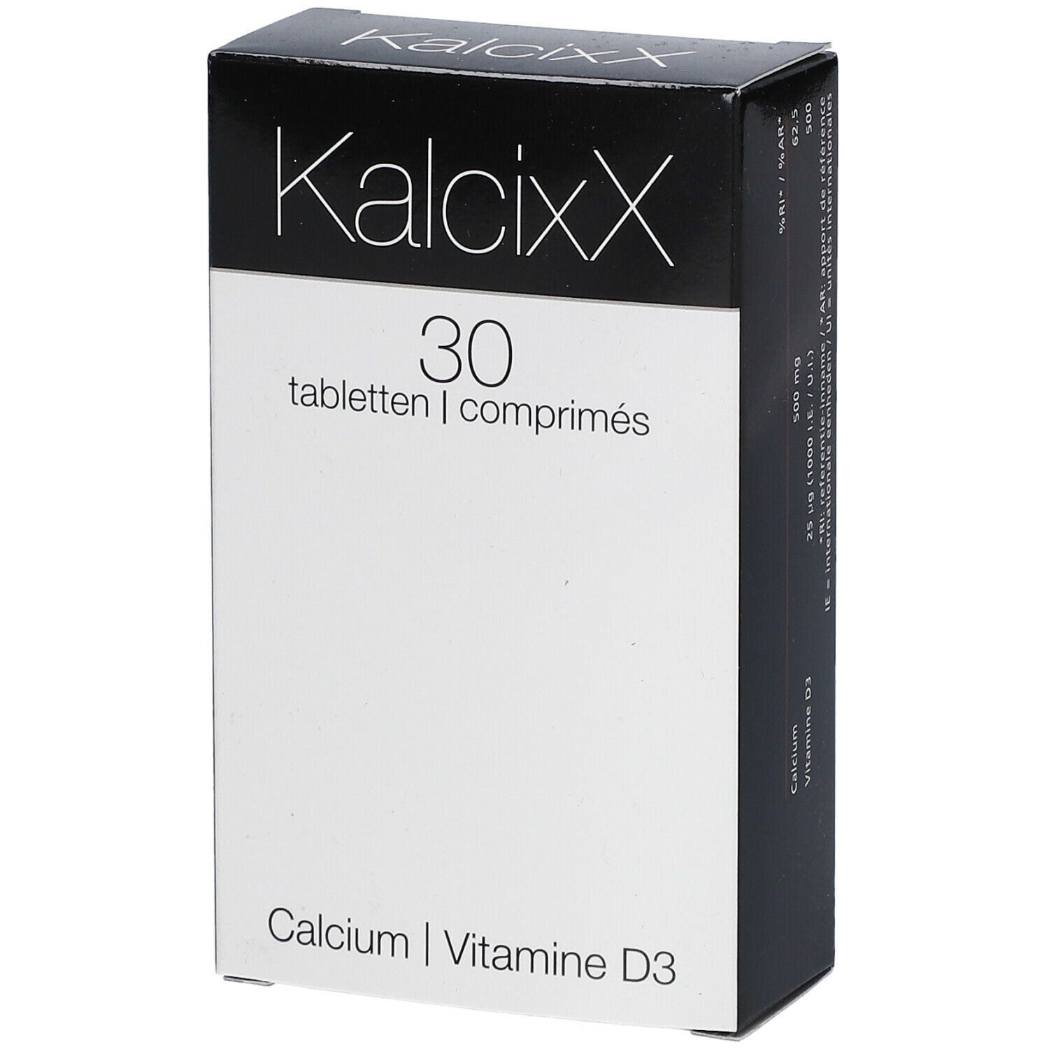 KalcixX-verpakking. Bevat 30 tabletten. Opschrift: Calcium, Vitamine D3.