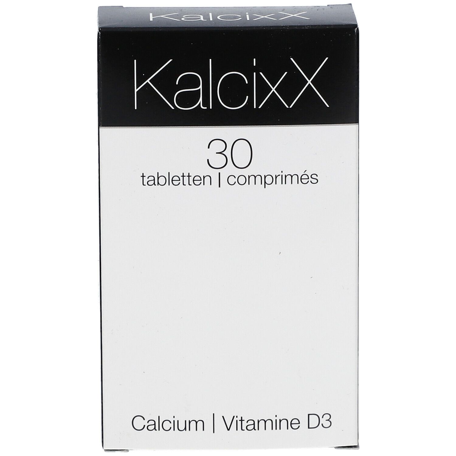 KalcixX-verpakking. Bevat 30 tabletten. Opschrift: Calcium, Vitamine D3.