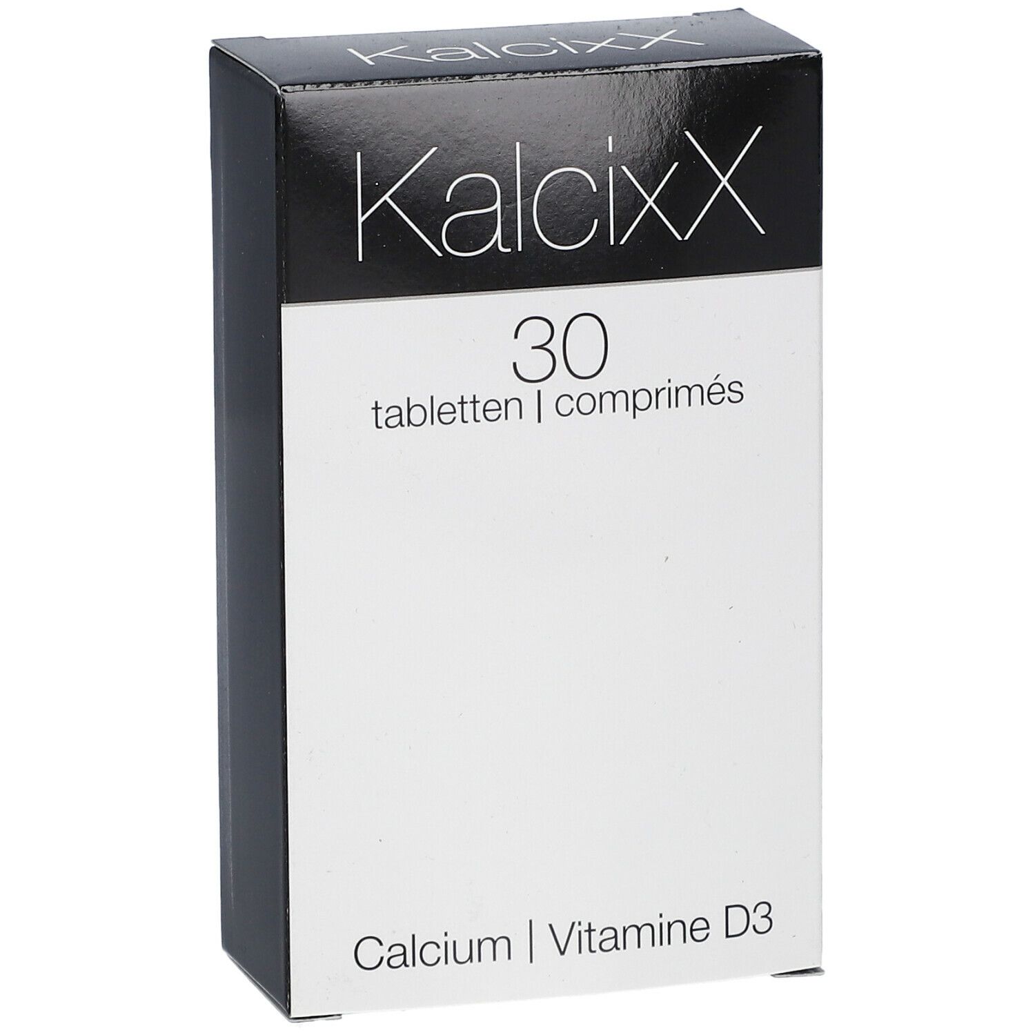 KalcixX-verpakking. Bevat 30 tabletten. Opschrift: Calcium, Vitamine D3.