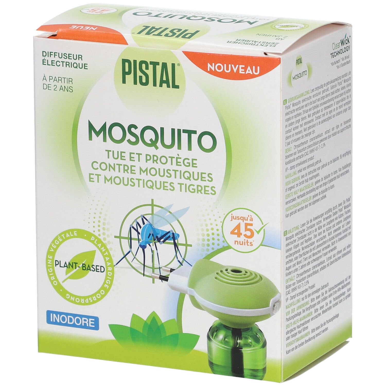 Boîte Pistal® Mosquito. Contient un diffuseur électrique et un flacon. Inscription: Mosquito, tue et protège contre les moustiques.