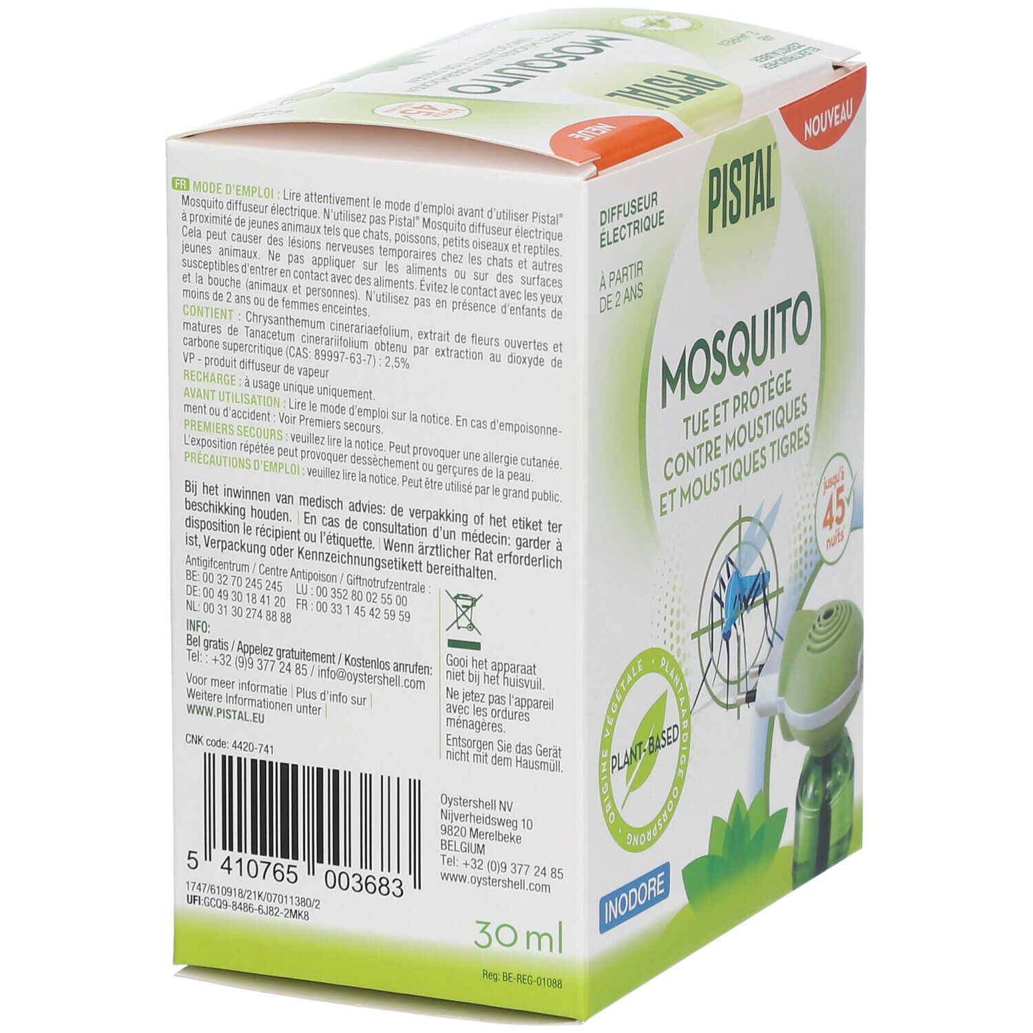 Dos de la boîte Pistal® Mosquito. Contient des informations d'utilisation et des ingrédients. Code-barres et adresse du fabricant.