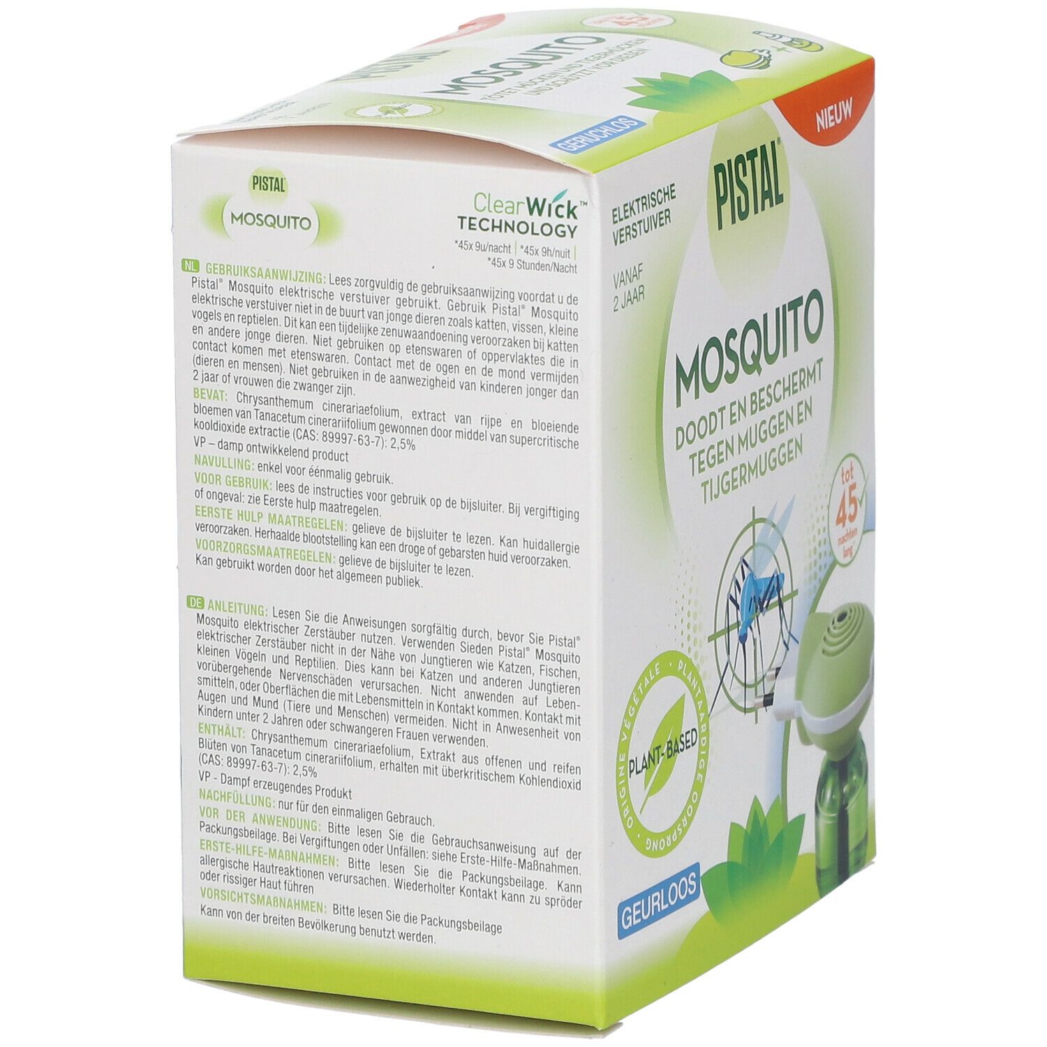 Boîte Pistal® Mosquito. Contient des informations d'utilisation et des ingrédients. Avec la technologie Clear Wick. Inodore.