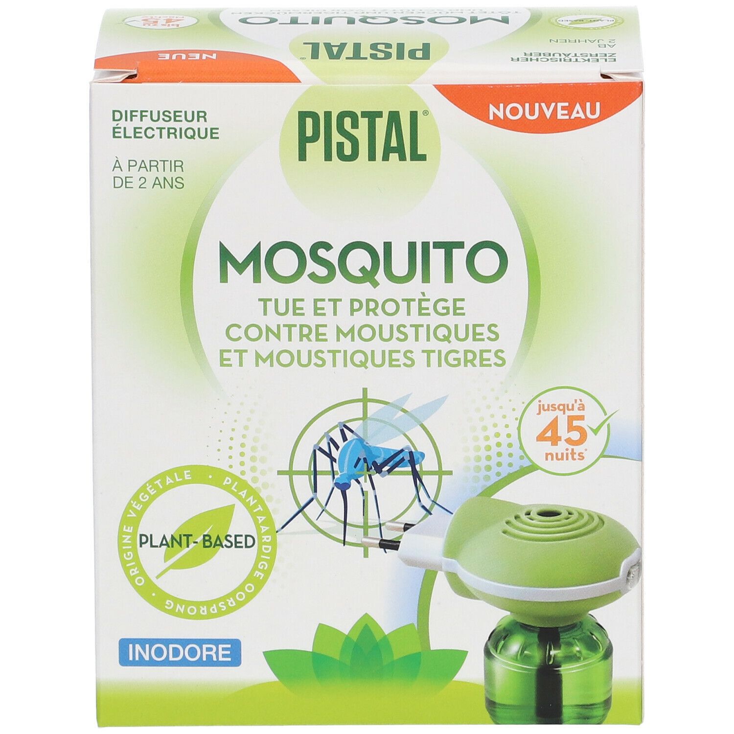 Boîte Pistal® Mosquito. Diffuseur électrique. Inscription: Mosquito, tue et protège contre les moustiques. Jusqu'à 45 nuits.