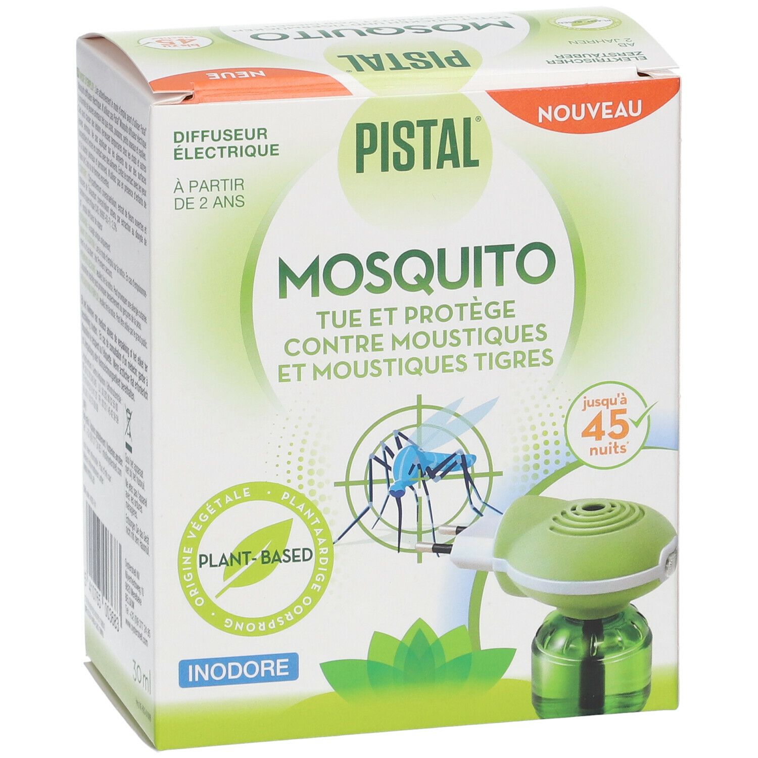 Boîte Pistal® Mosquito. Diffuseur électrique. Inscription: Mosquito, tue et protège contre les moustiques. Jusqu'à 45 nuits.