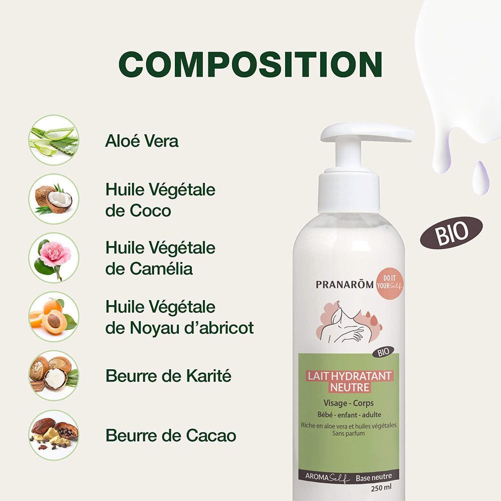 Flasche mit Spenderpumpe, enthält Feuchtigkeitscreme. Liste der Inhaltsstoffe mit Bildern: Aloe Vera, Kokosöl, Kamelienöl, Aprikosenkernöl, Sheabutter, Kakaobutter. BIO-Siegel.