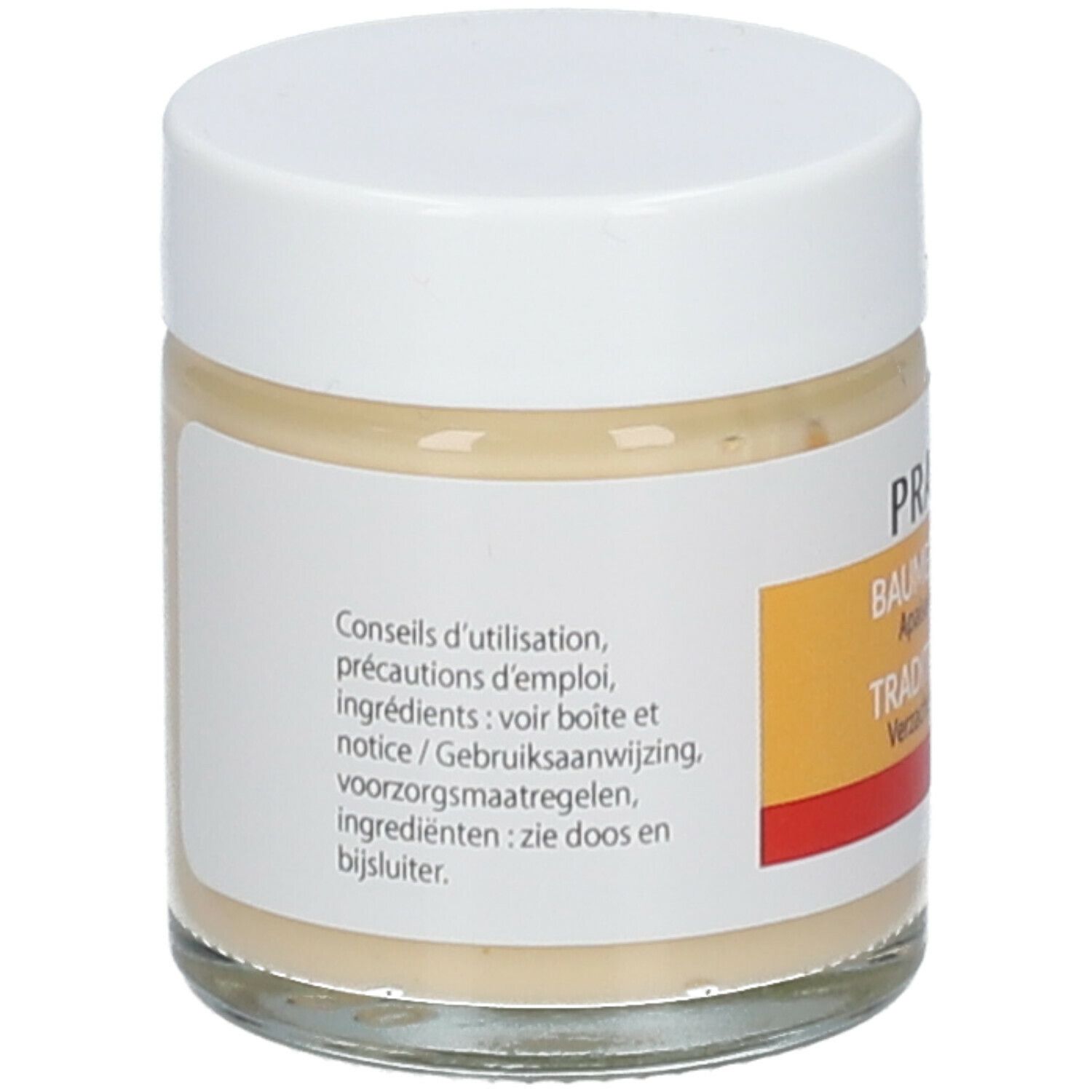 Pot en verre avec couvercle blanc. Étiquette avec informations sur le produit. Substance crème visible.
