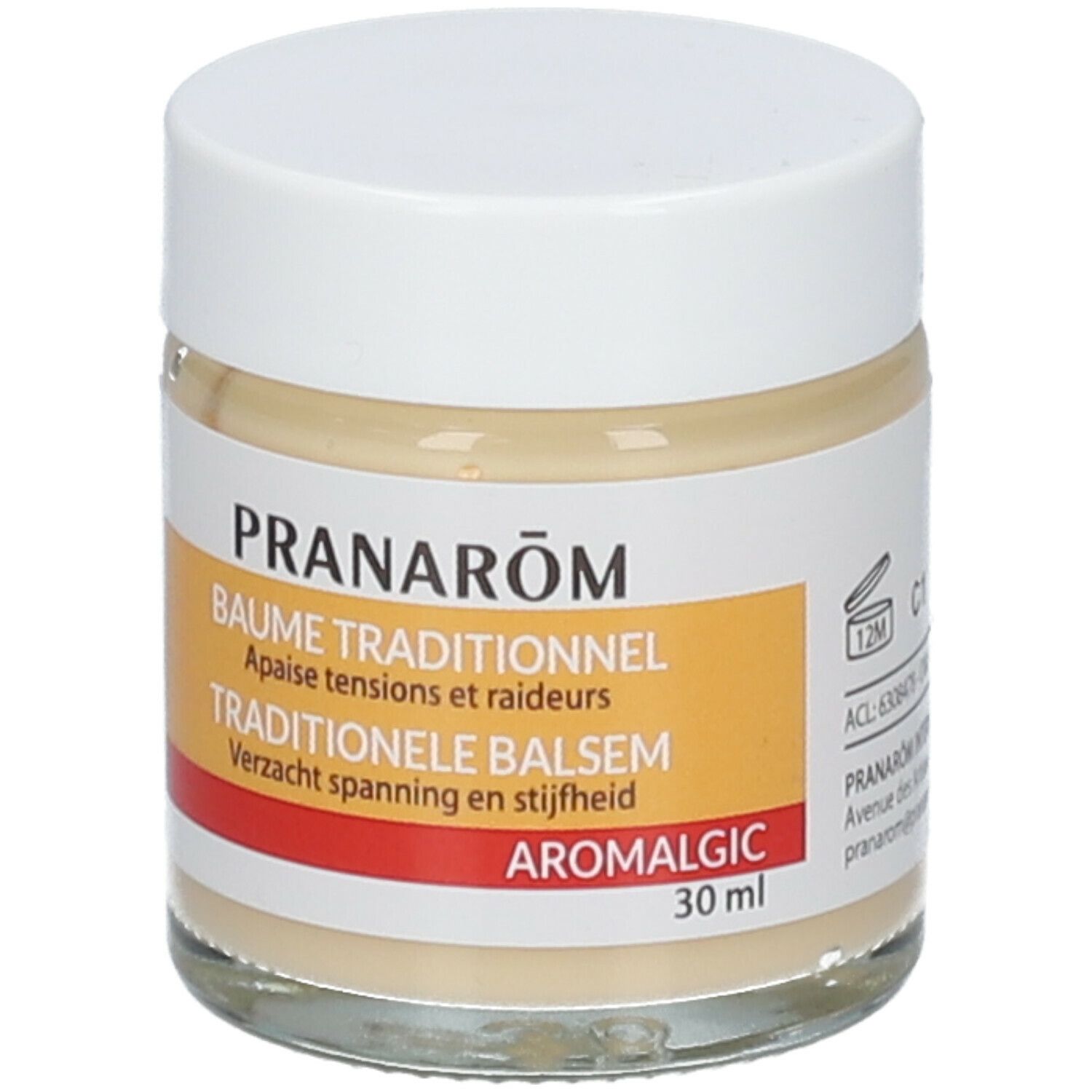 Pot en verre avec couvercle blanc. Étiquette avec informations sur le produit. Substance crème visible.