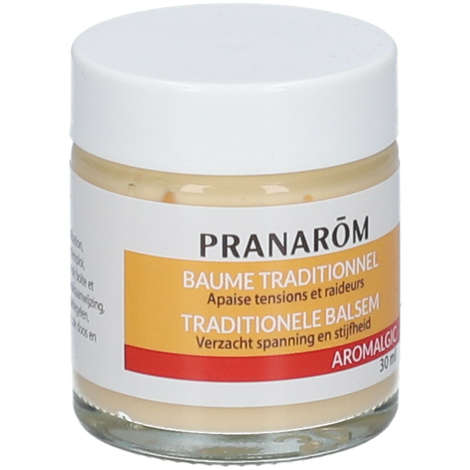 Pot en verre avec couvercle blanc. Étiquette avec informations sur le produit. Substance crème visible.