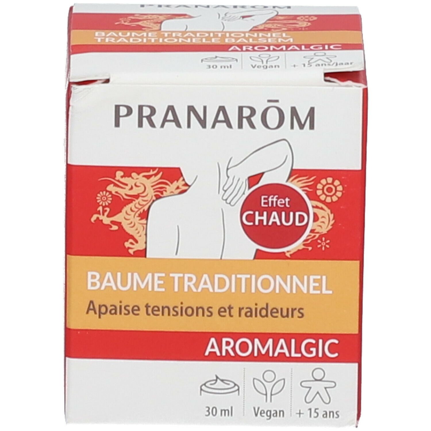 Boîte avec informations sur le produit. Illustration d'un cou. Nom et marque du produit visibles.