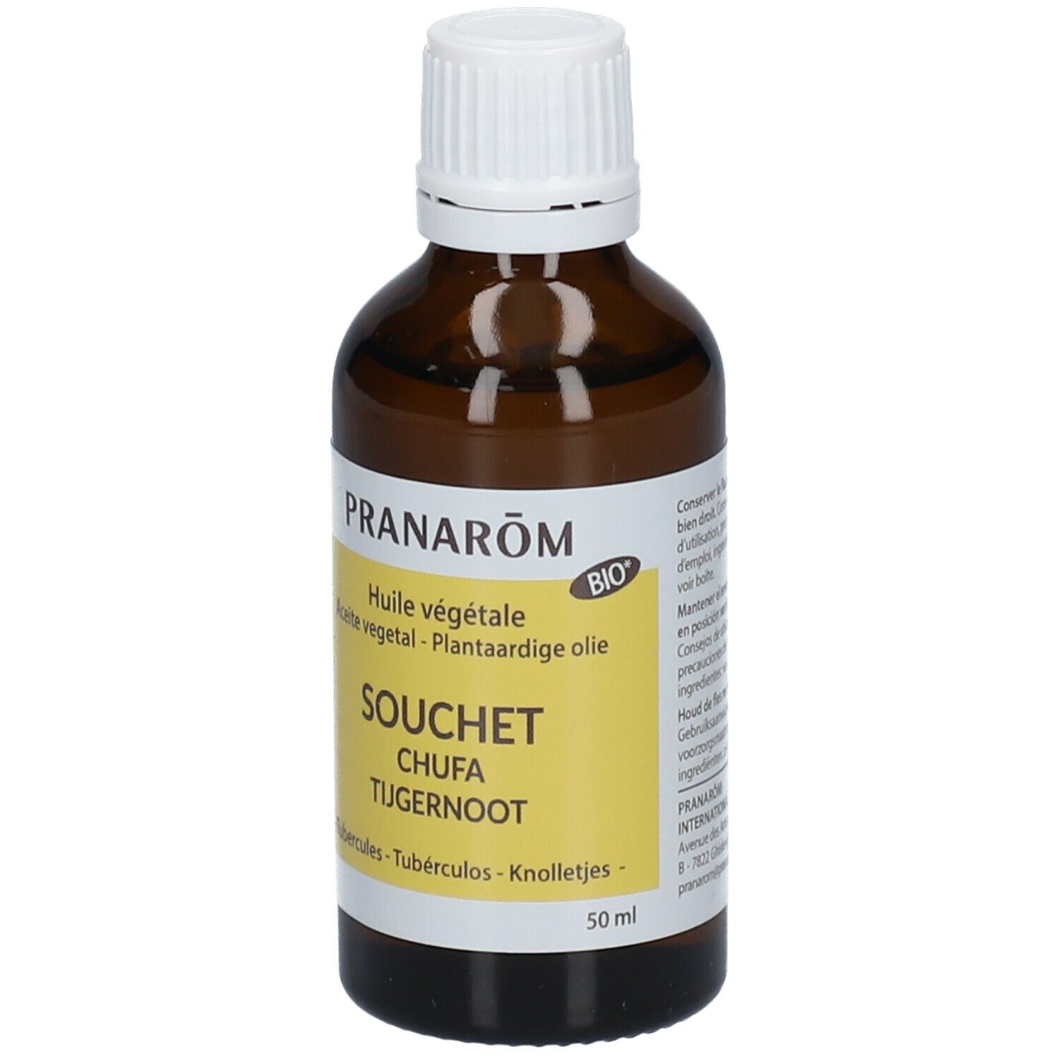 Flacon en verre brun avec bouchon blanc. Étiquette avec texte: Pranarôm, Huile végétale, Souchet, Chufa, Tijgernoot.