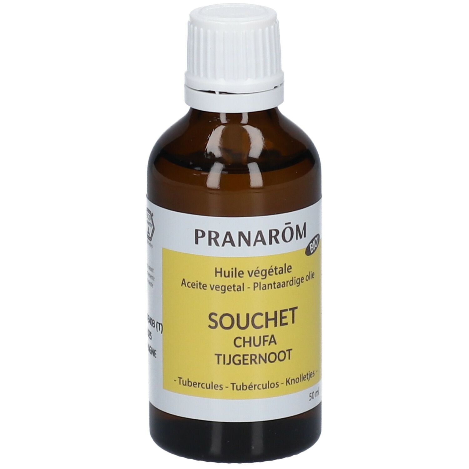 Flacon en verre brun avec bouchon blanc. Étiquette avec texte: Pranarôm, Huile végétale, Souchet, Chufa, Tijgernoot.