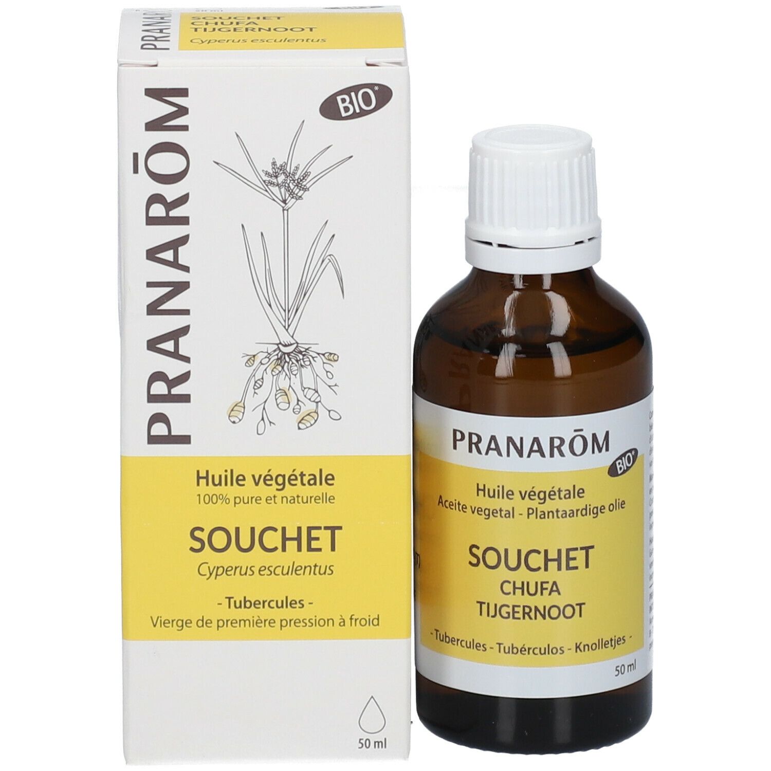 Flacon en verre brun et boîte. Boîte avec texte: Pranarôm, Huile végétale, Souchet, Cyperus esculentus.