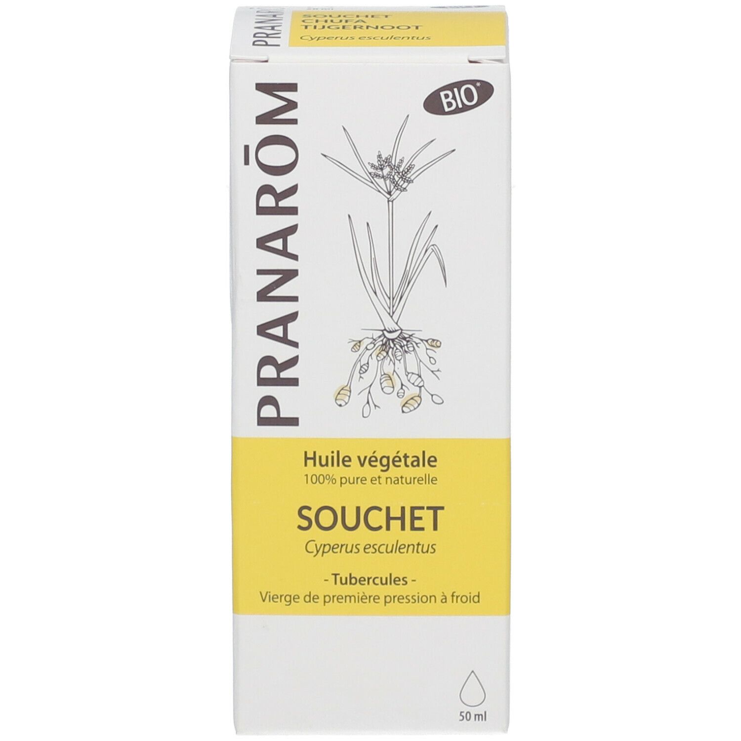 Boîte avec texte: Pranarôm, Huile végétale, Souchet, Cyperus esculentus. Avec logo bio.