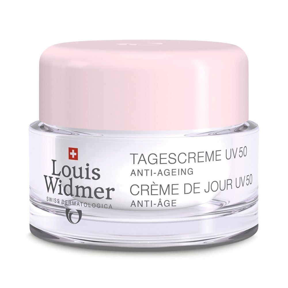 Pot de crème avec couvercle rose. Inscription : Louis Widmer, Crème de jour UV 50. Anti-âge.