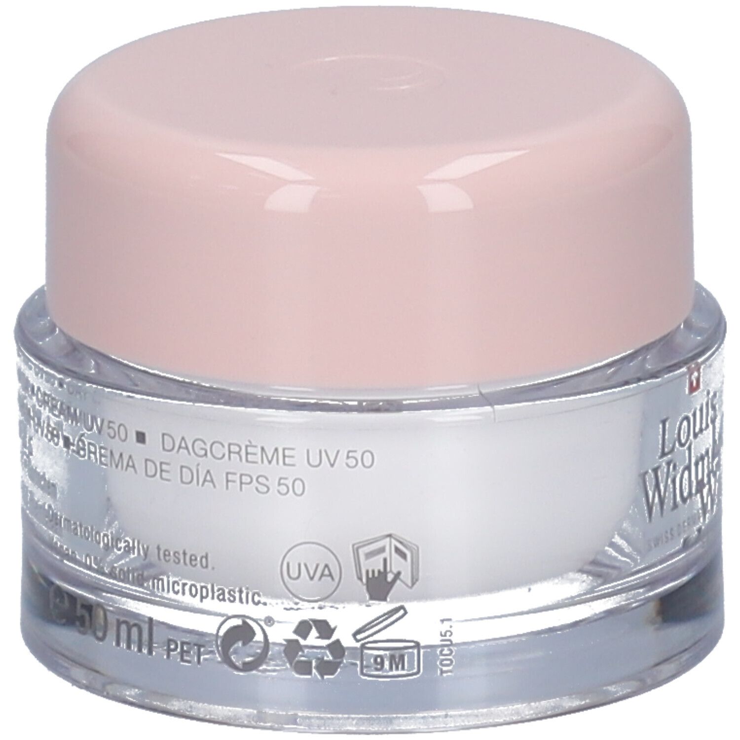 Creme-Tiegel mit rosa Deckel. Aufschrift: Louis Widmer, Dagcrème UV 50. Mit UV-Symbol.