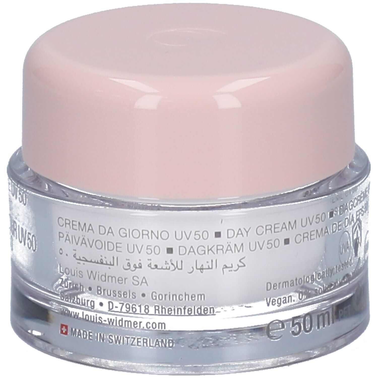 Creme-Tiegel mit rosa Deckel. Aufschrift: Louis Widmer, Crème de jour UV 50. Mit 50 ml Angabe.
