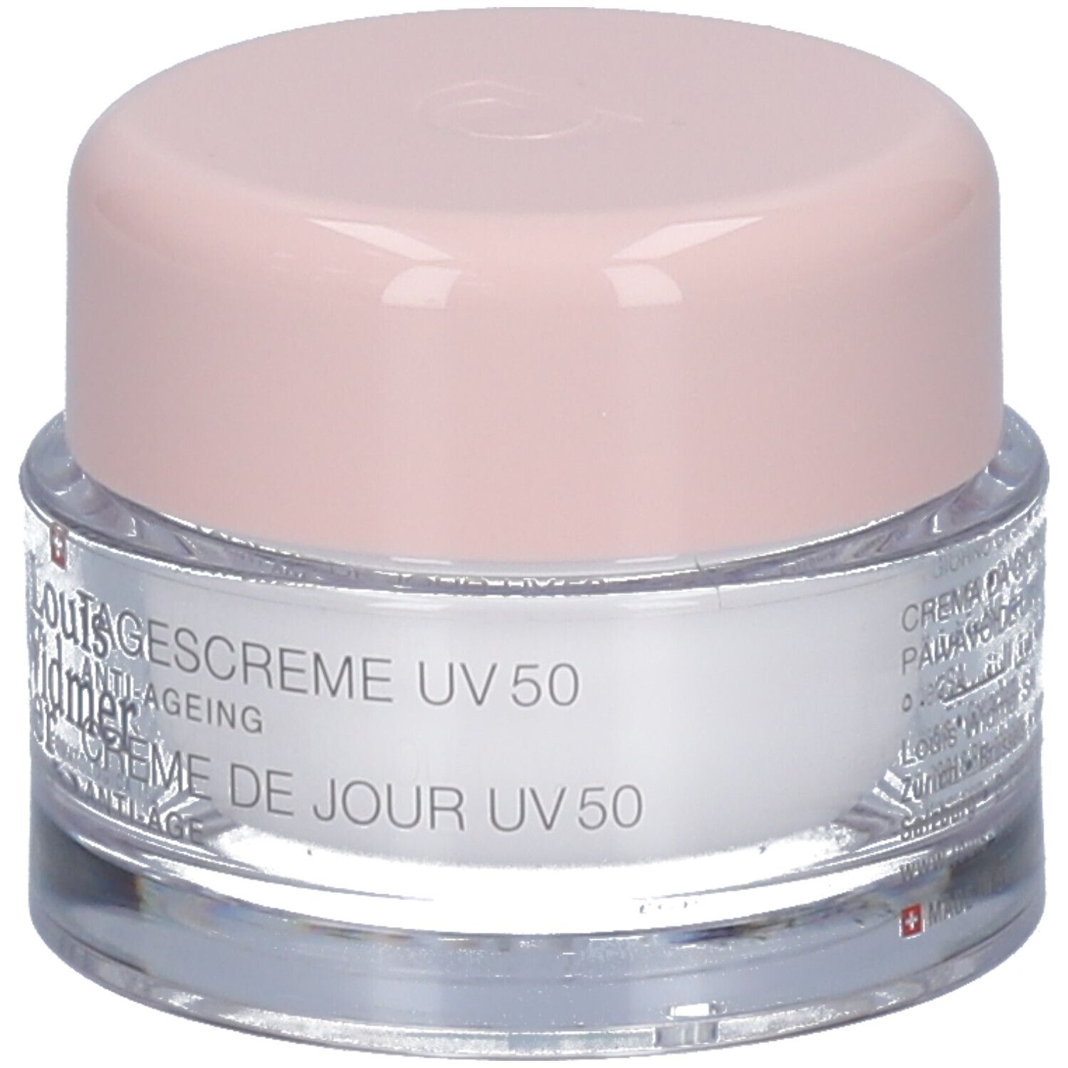Creme-Tiegel mit rosa Deckel. Aufschrift: Louis Widmer, Tagescreme UV 50. Anti-Ageing.