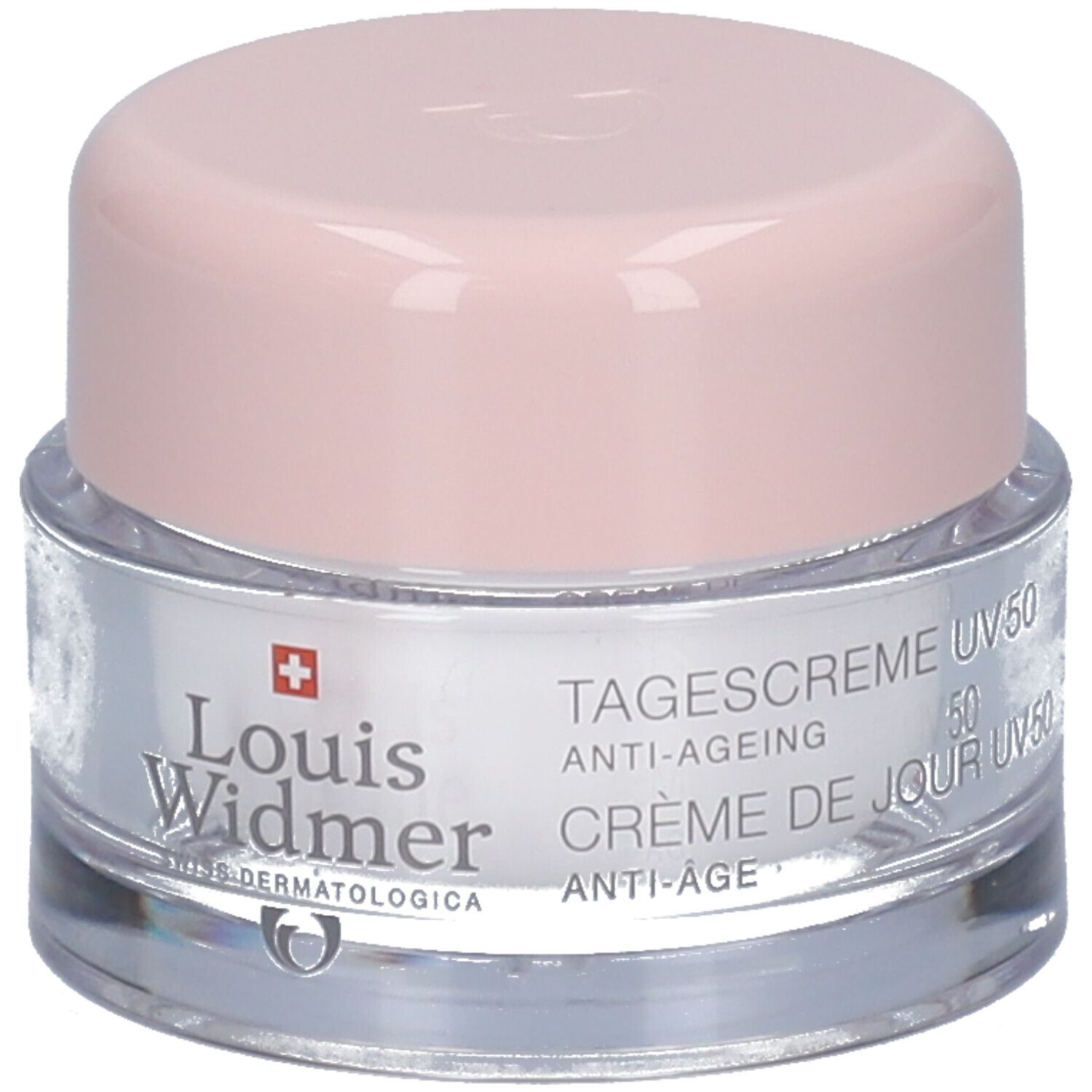 Creme-Tiegel mit rosa Deckel. Aufschrift: Louis Widmer, Tagescreme UV 50. Anti-Ageing.