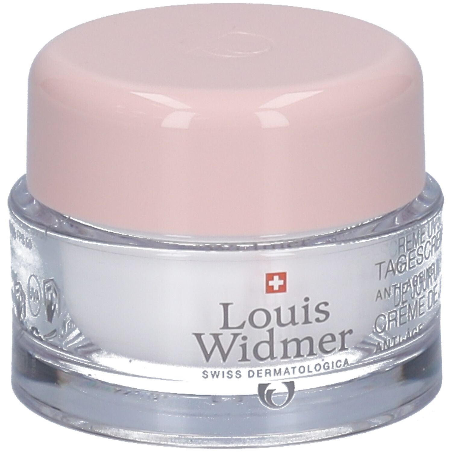Creme-Tiegel mit rosa Deckel. Aufschrift: Louis Widmer, Tagescreme UV 50. Anti-Ageing.