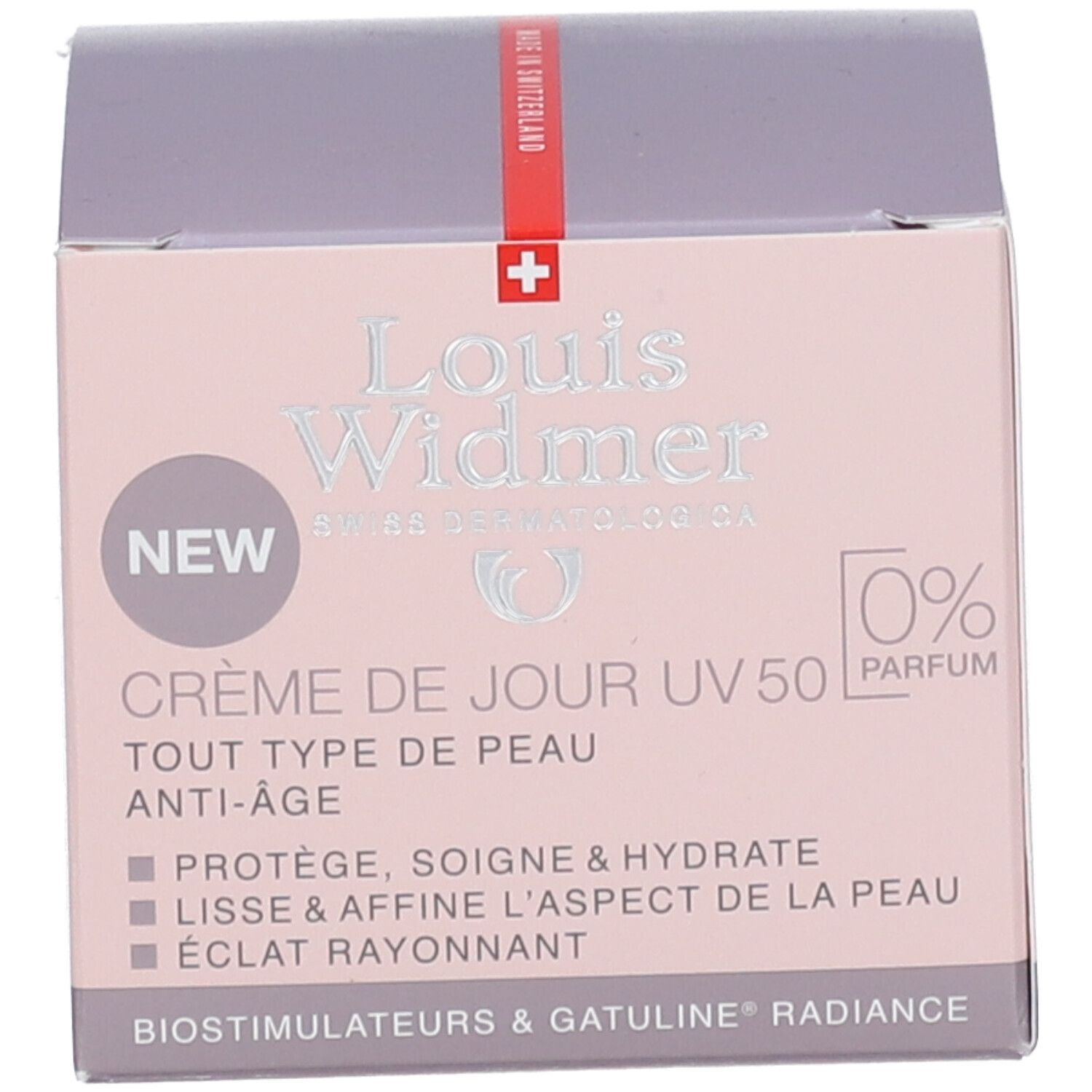 Verpackung mit rosa und weiß. Aufschrift: Louis Widmer, Crème de jour UV 50. 0% Parfum.