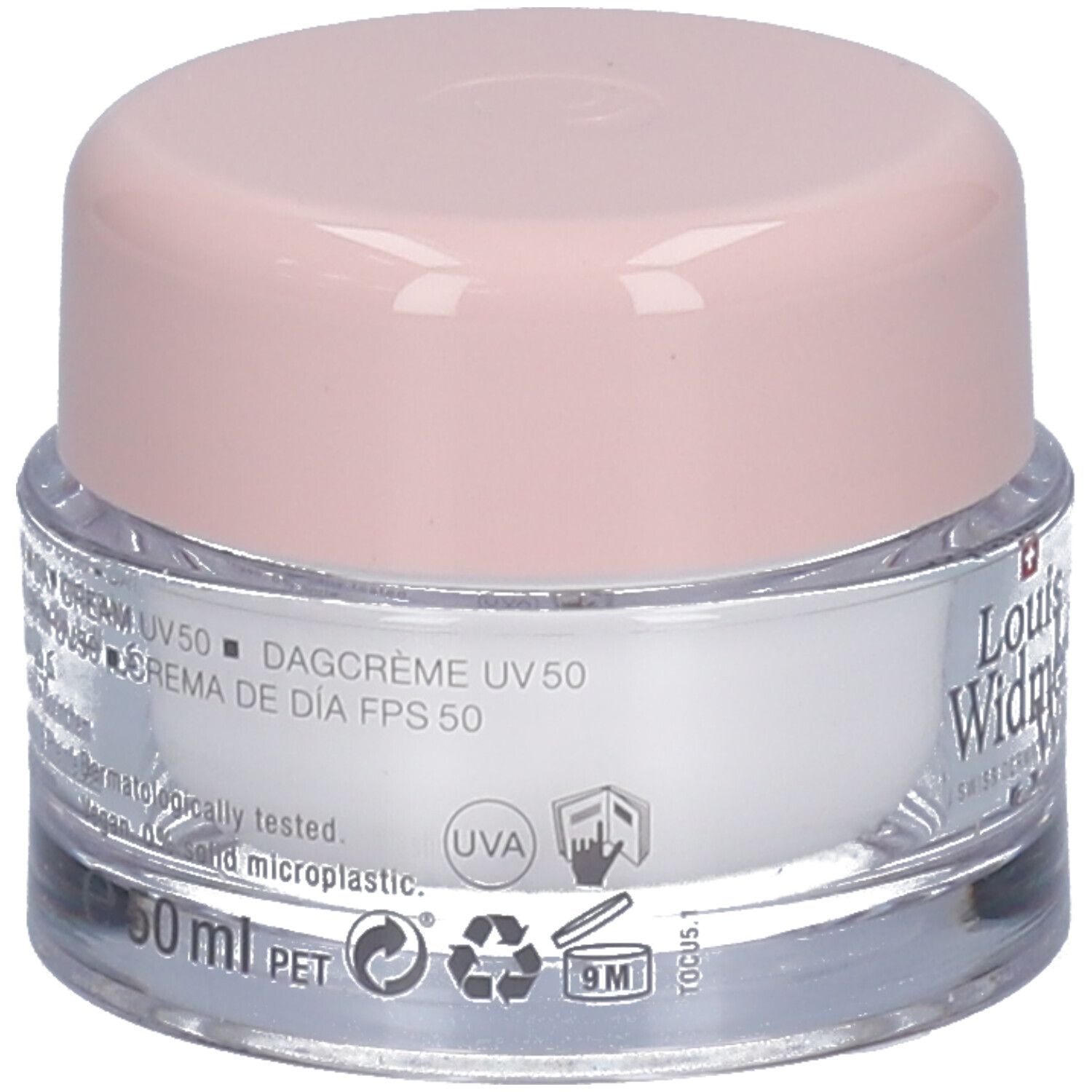 Pot de crème avec couvercle rose. Inscription: Louis Widmer, Crème de jour UV 50. 50 ml. Croix suisse.