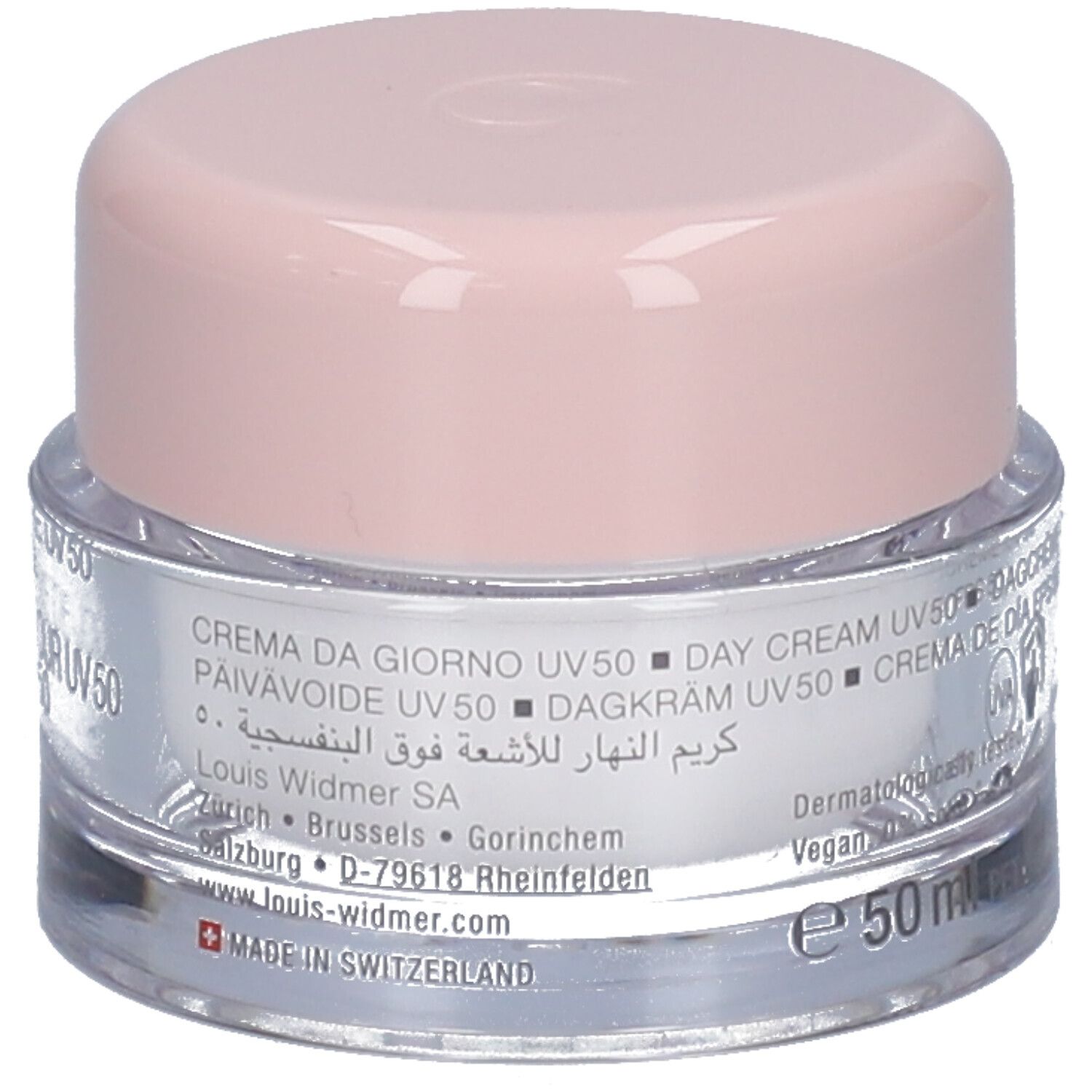 Pot de crème avec couvercle rose. Inscription: Louis Widmer, Crème de jour UV 50. Croix suisse.