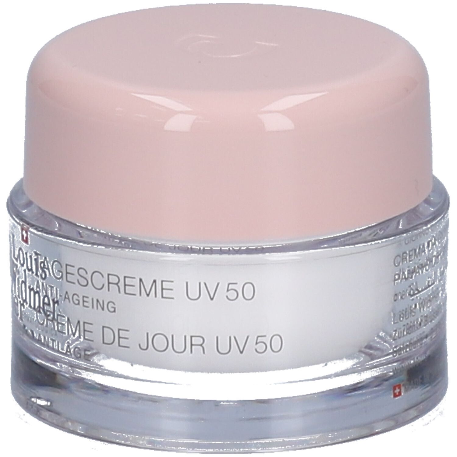 Pot de crème avec couvercle rose. Inscription: Louis Widmer, Crème de jour UV 50. Croix suisse.