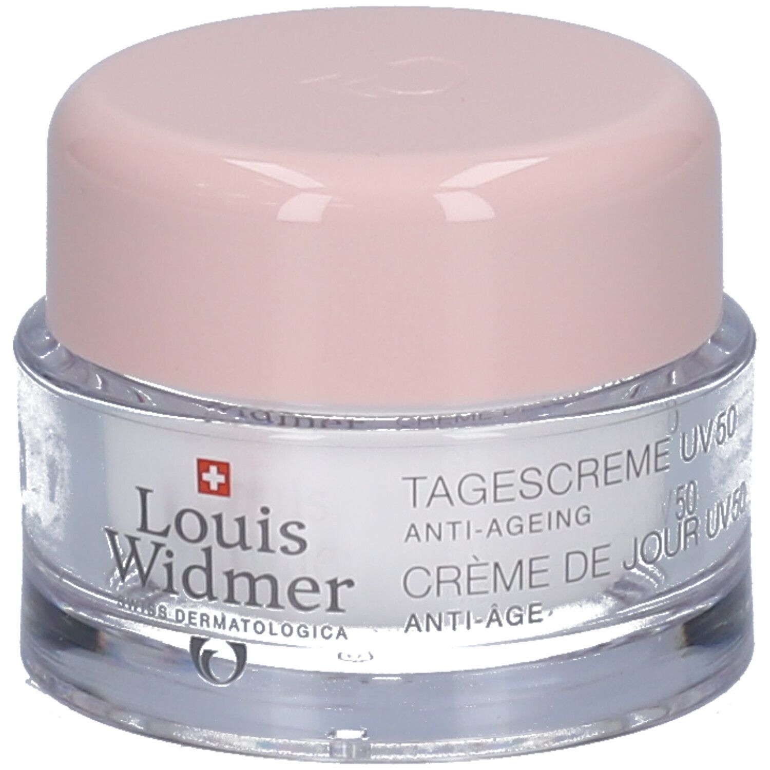 Pot de crème avec couvercle rose. Inscription: Louis Widmer, Crème de jour UV 50. Croix suisse.