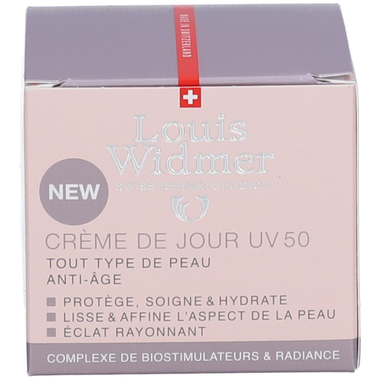 Boîte avec inscription: Louis Widmer, Crème de jour UV 50. Croix suisse. Nouveau.