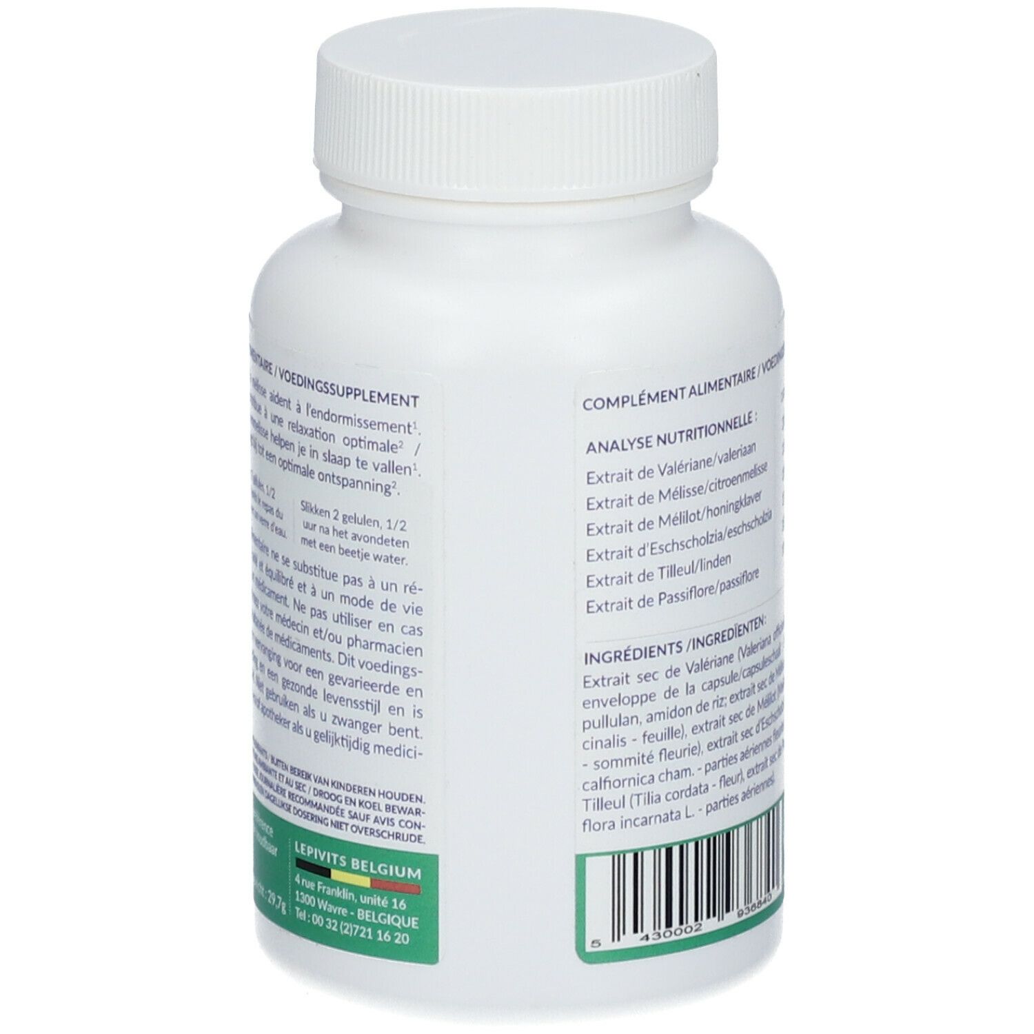 Dos du flacon blanc de gélules. Contient informations nutritionnelles et ingrédients. Marque: Lepivits. Étiquette verte et blanche.