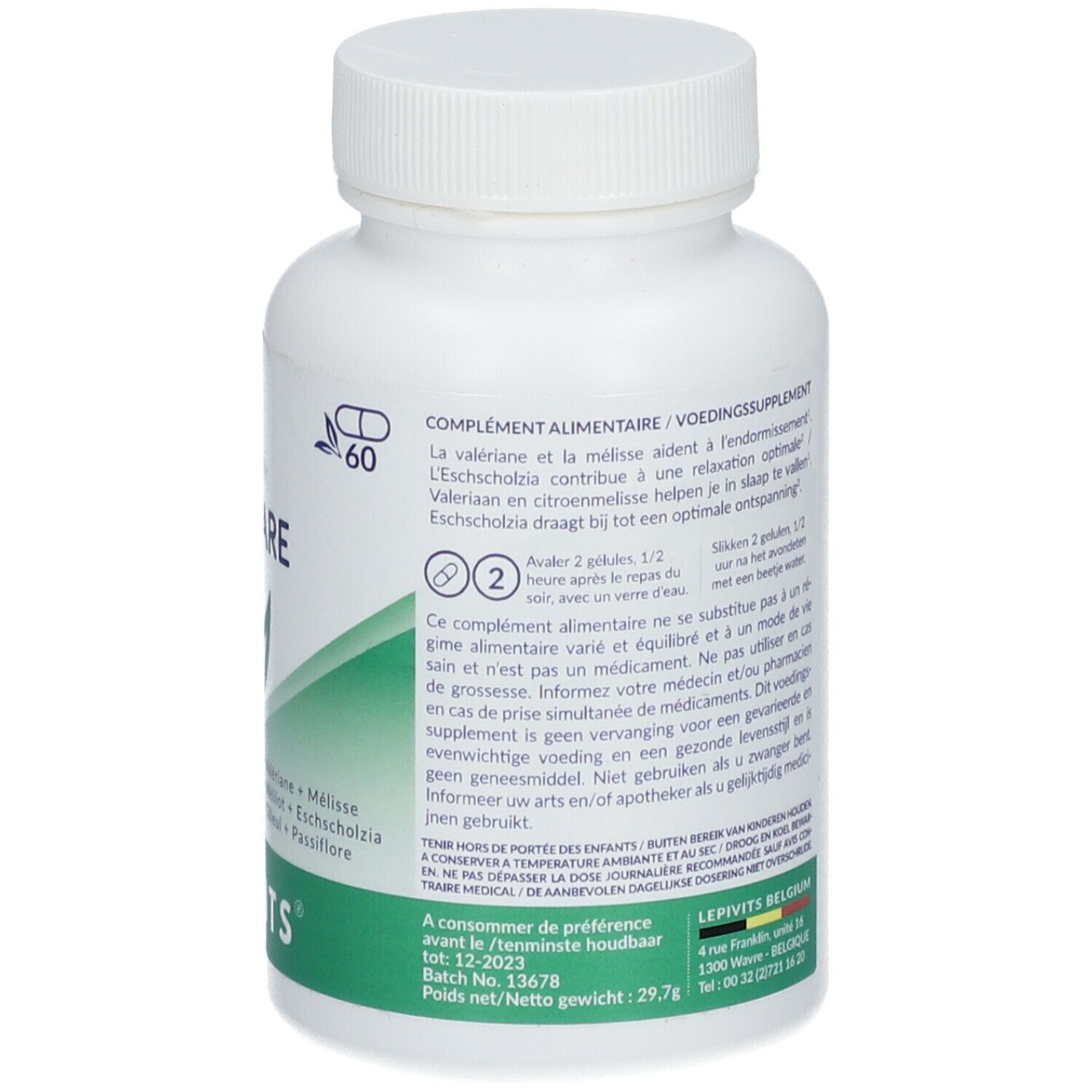 Dos du flacon blanc de gélules. Contient informations nutritionnelles et ingrédients. Marque: Lepivits. Étiquette verte et blanche.