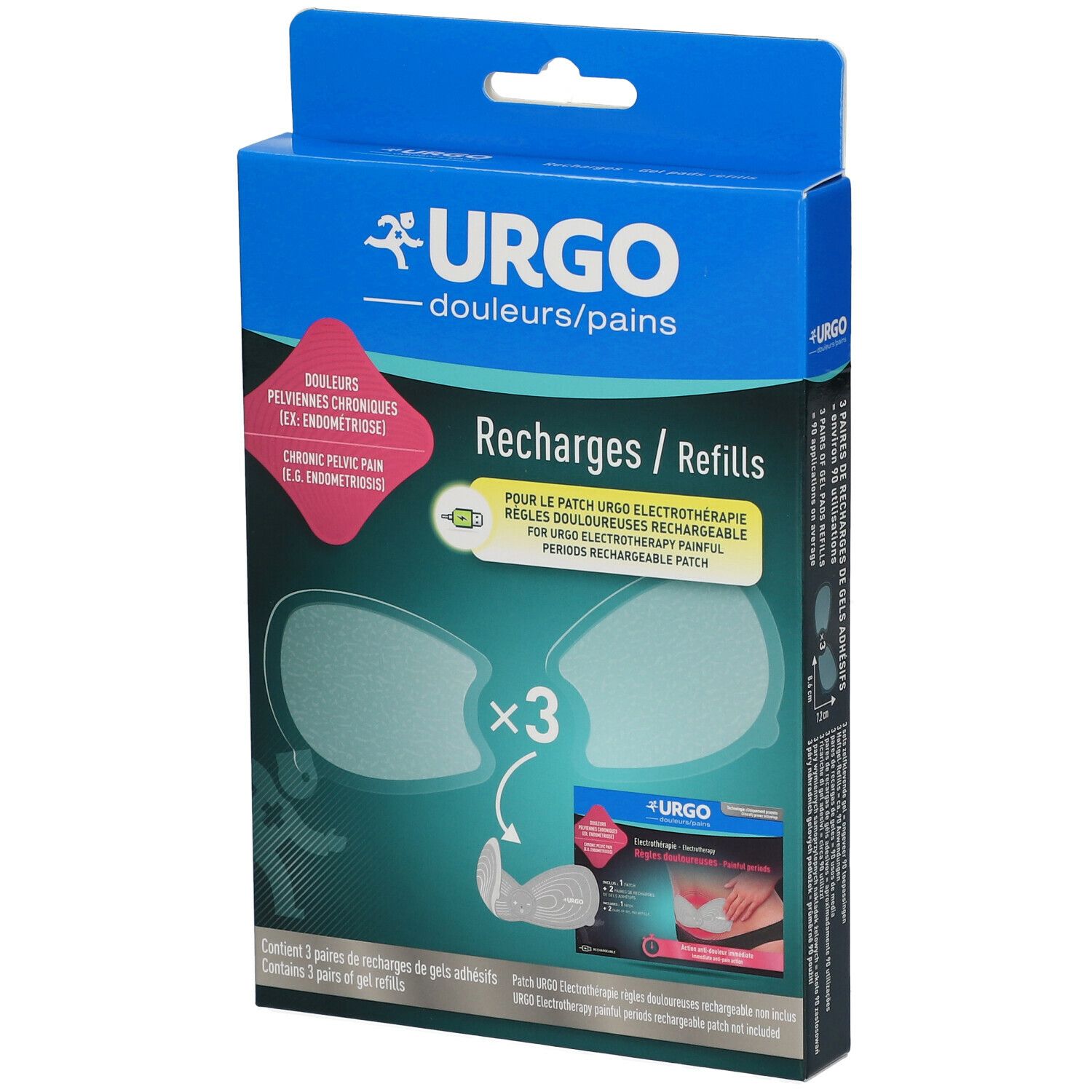 Verpakking met Urgo elektrotherapie refills. Bevat 3 paar zelfklevende refills. Tekst en illustraties.