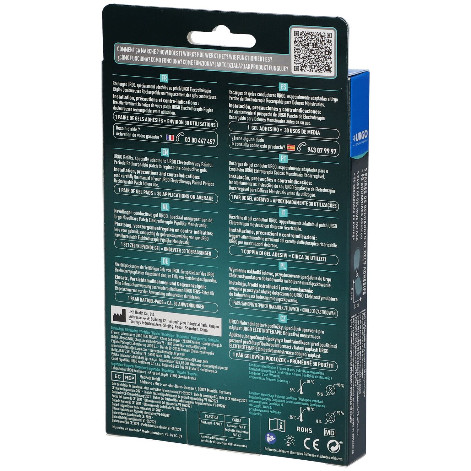 Achterkant van de Urgo verpakking, meertalige tekst. Informatie over gebruik en ingrediënten. Barcode en logo's.