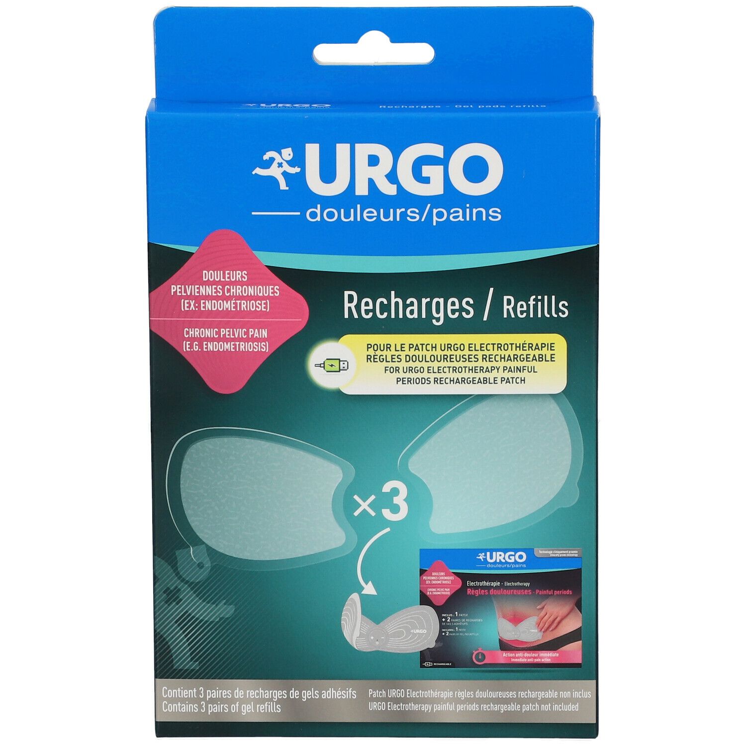 Urgo verpakking met elektrotherapie refills. Bevat 3 paar zelfklevende refills. Tekst en illustraties.
