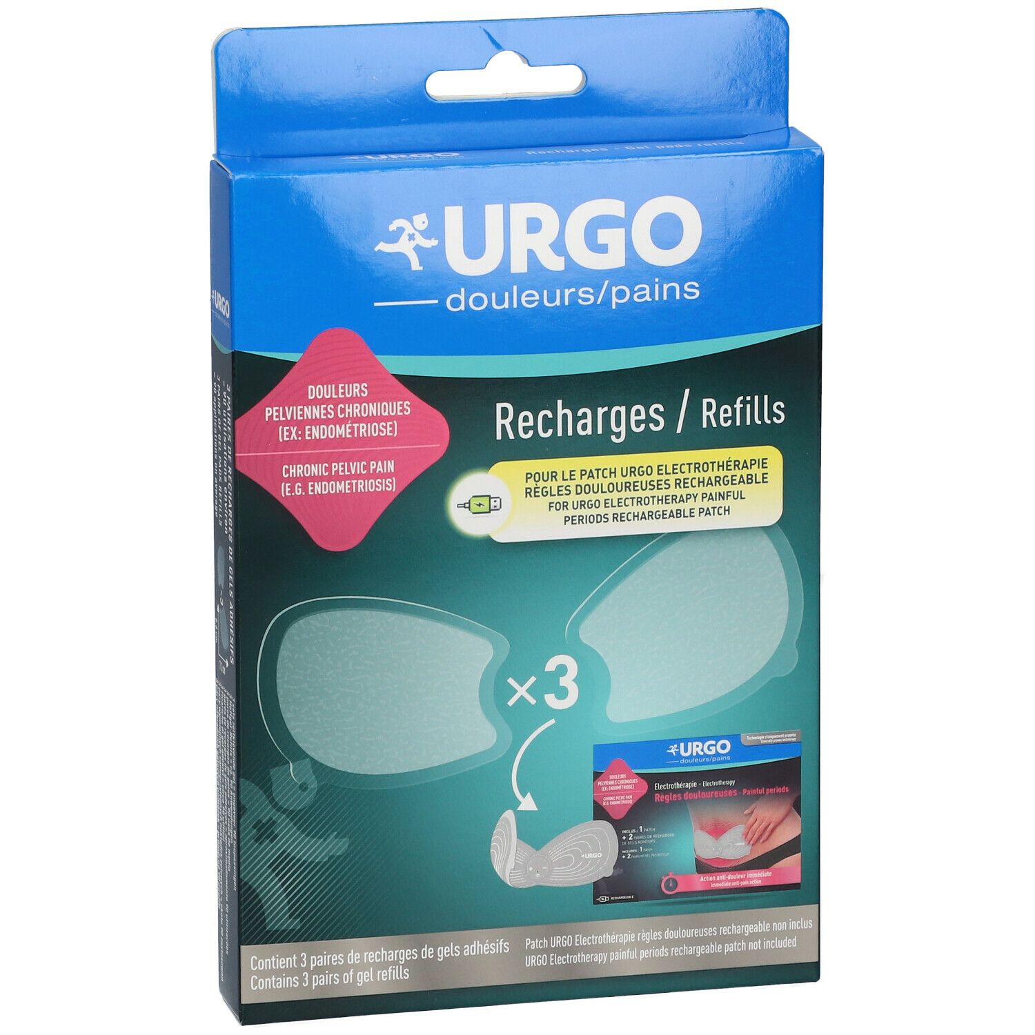 Urgo verpakking met elektrotherapie refills. Bevat 3 paar zelfklevende refills. Tekst en illustraties.