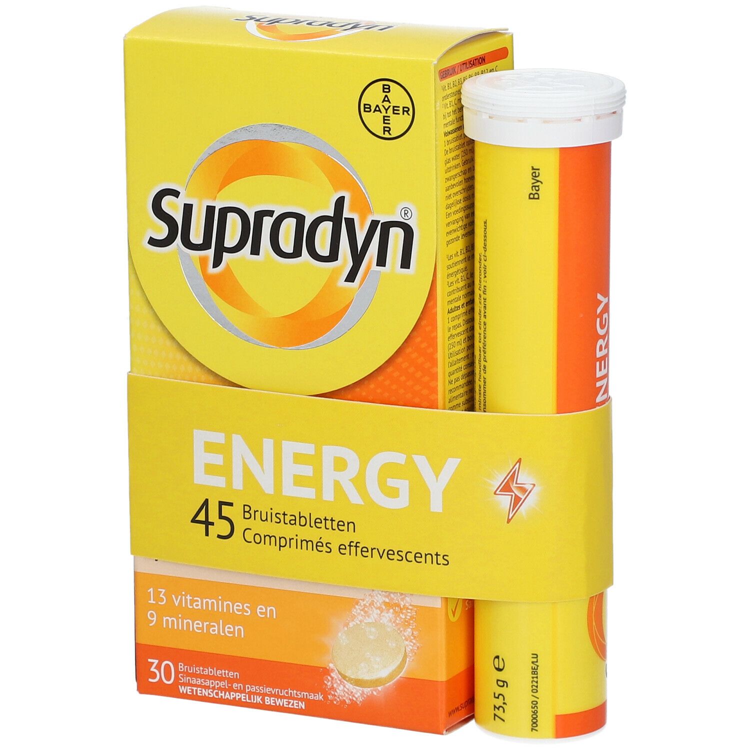 Gele verpakking met "Supradyn"-logo en tablettenkoker. Bevat 45 bruistabletten. Met 13 vitaminen en 9 mineralen.