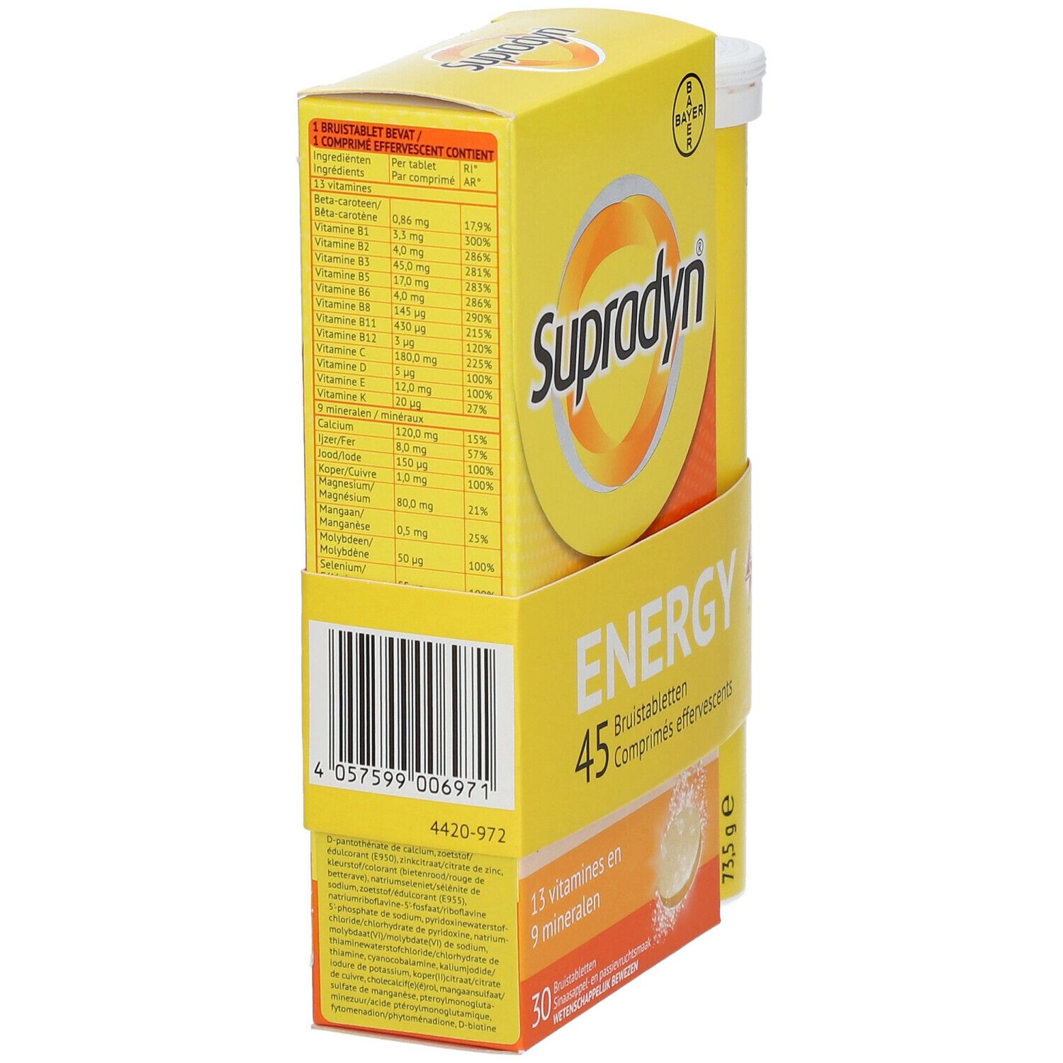 Gele verpakking met "Supradyn"-logo. Bevat 45 bruistabletten. Voedingswaarde-informatie op de zijkant. Met 13 vitaminen en 9 mineralen.