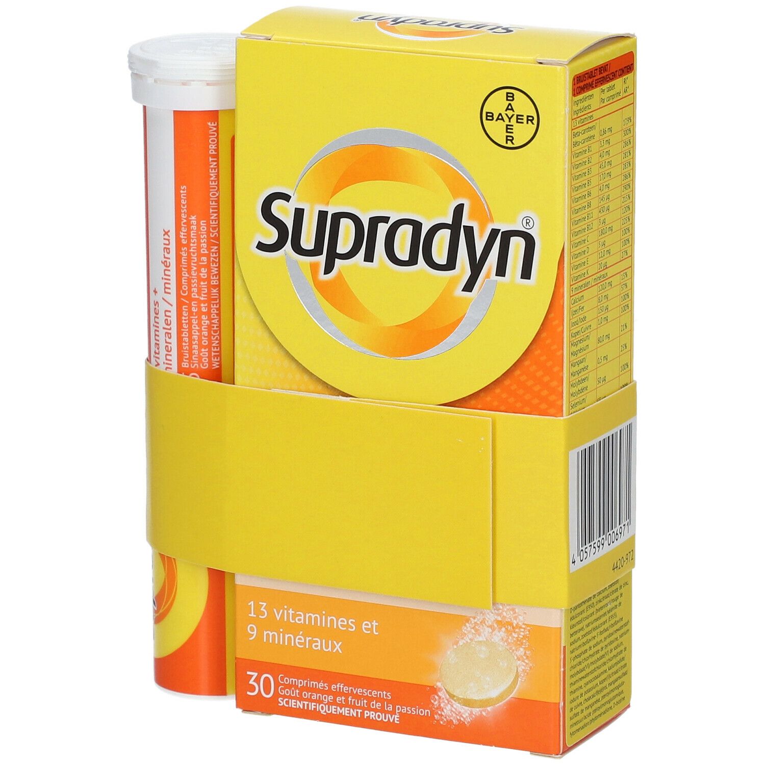 Gele verpakking met "Supradyn"-logo en tablettenkoker. Bevat 45 bruistabletten. Met 13 vitaminen en 9 mineralen.